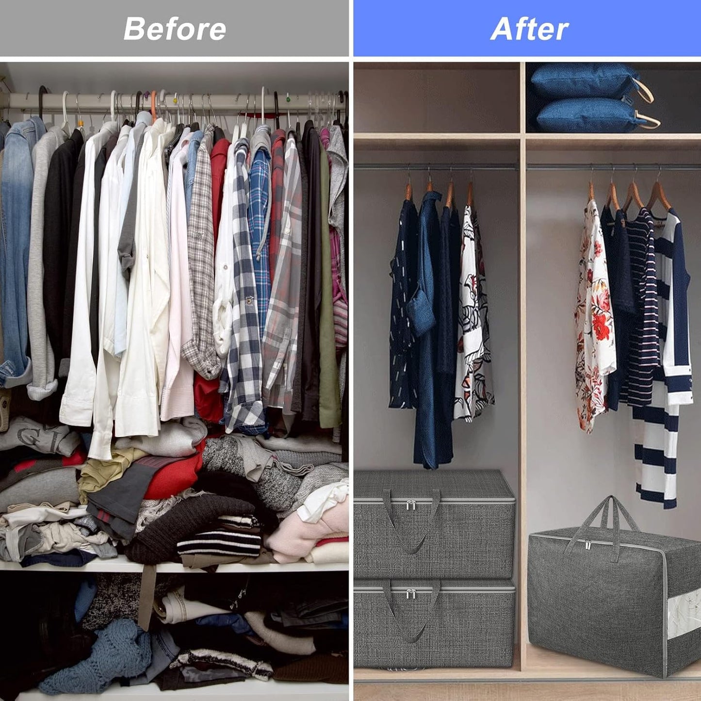 3Pack 105L Extra Large Storage Bags, Folding Comforter Blanket Storage Bags Closet Organizers and Storage Containers for Clothes with Strong Handles&Zippers Clear Window for Bedding Pillow Black