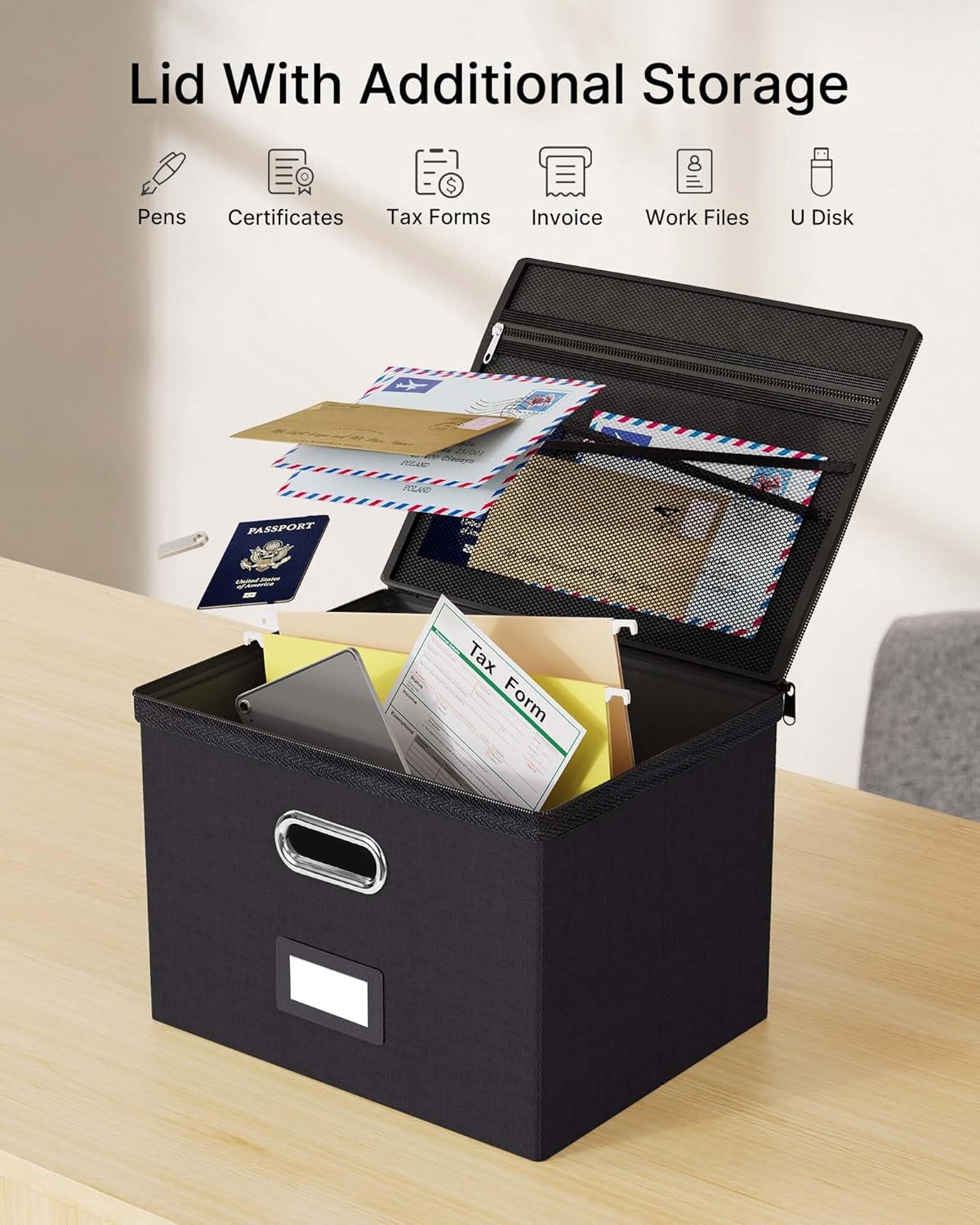 Oterri 1 Pack Large File Organizer Boxes with Lids, File Box with Mesh Pockets, Document Organizer Box for Legal/Letter Size Folders, Zippers Important Document Organizer (Black, Without Folders)