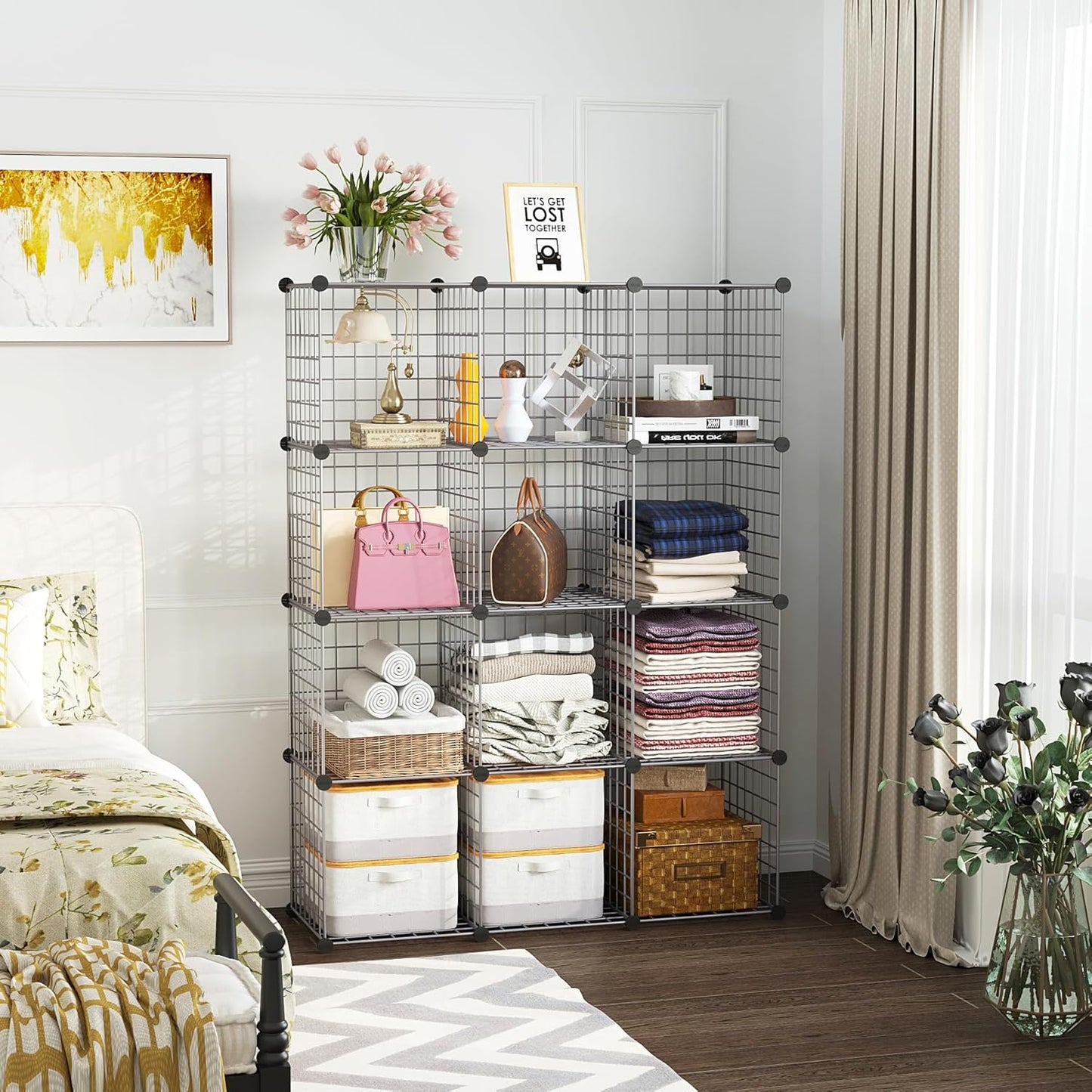 C&AHOME Wire Cube Storage, 12 - Cube Organizer Metal C Grids, Modular Shelves Units, Closet Organizer, Ideal for Home, Office, Living Room, 36.6”L x 12.4”W 48.4”H, Silver Gray UWCS3012G