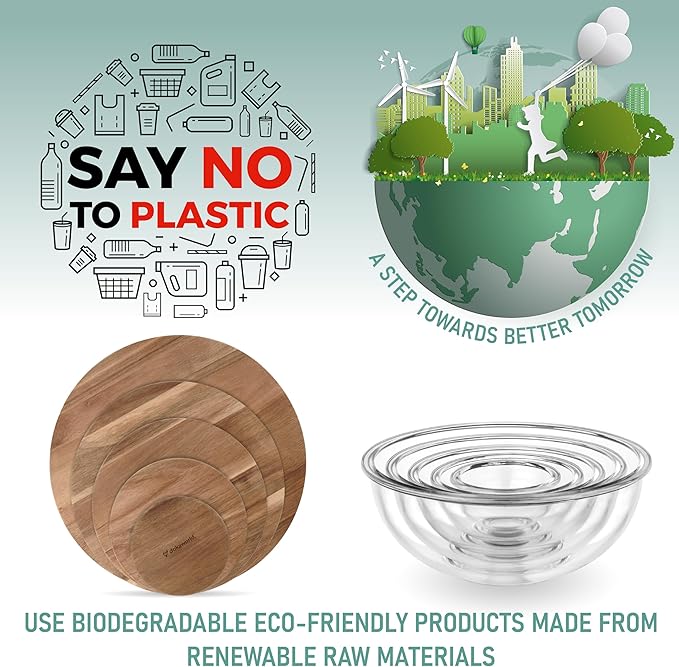 Stackable Space-Saving Set of 5 Nesting Glass Bowls with Acacia Lids for Foodprep, Storage, Mixing & Cooking - Microwave & Oven-ready BPA Free Durable Heat Resistant Inert Borosilicate Glass