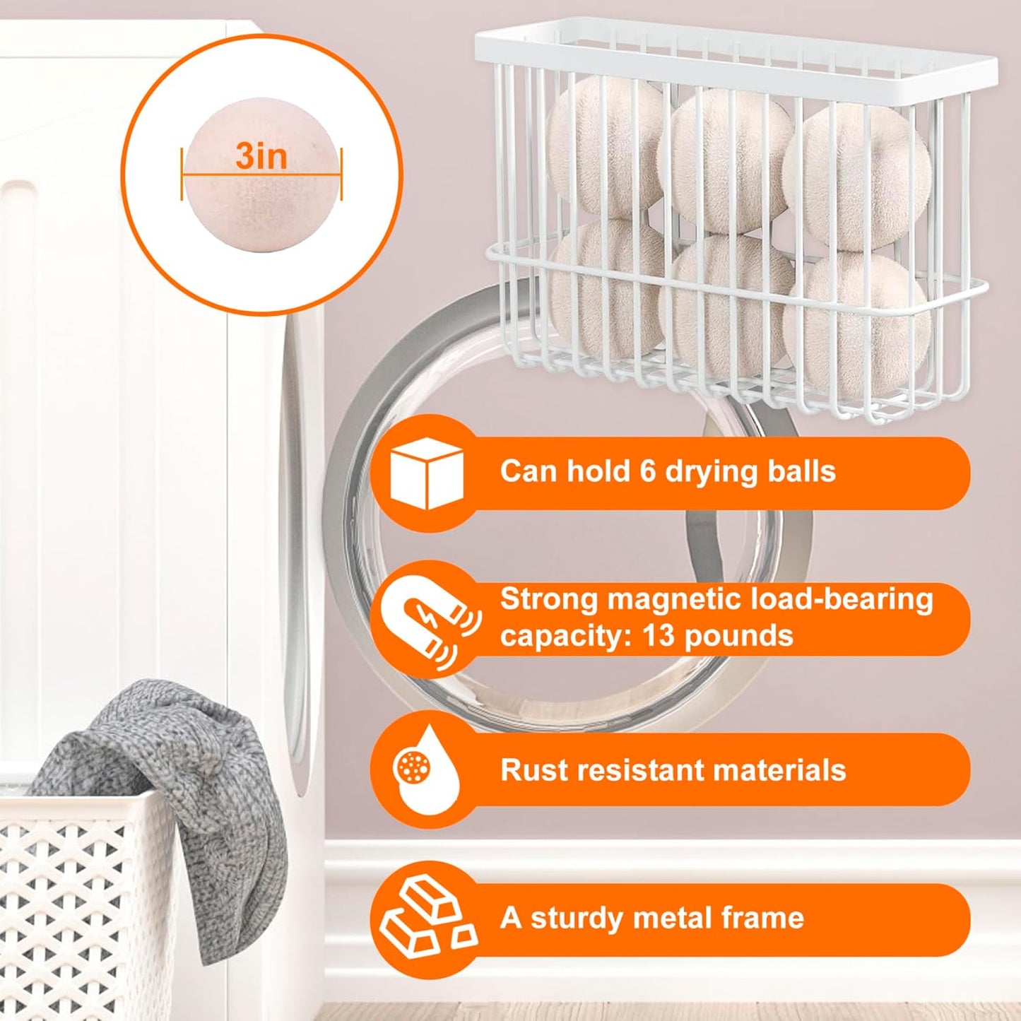 Magnetic Dryer Ball Holder for Laundry Room, magnetic basket dryer washer accessories, Magnetic Lint Bin for Laundry Room,Dryer Ball Container for Laundry Room Storage(No Balls, 2025 Magnetic Upgrade)