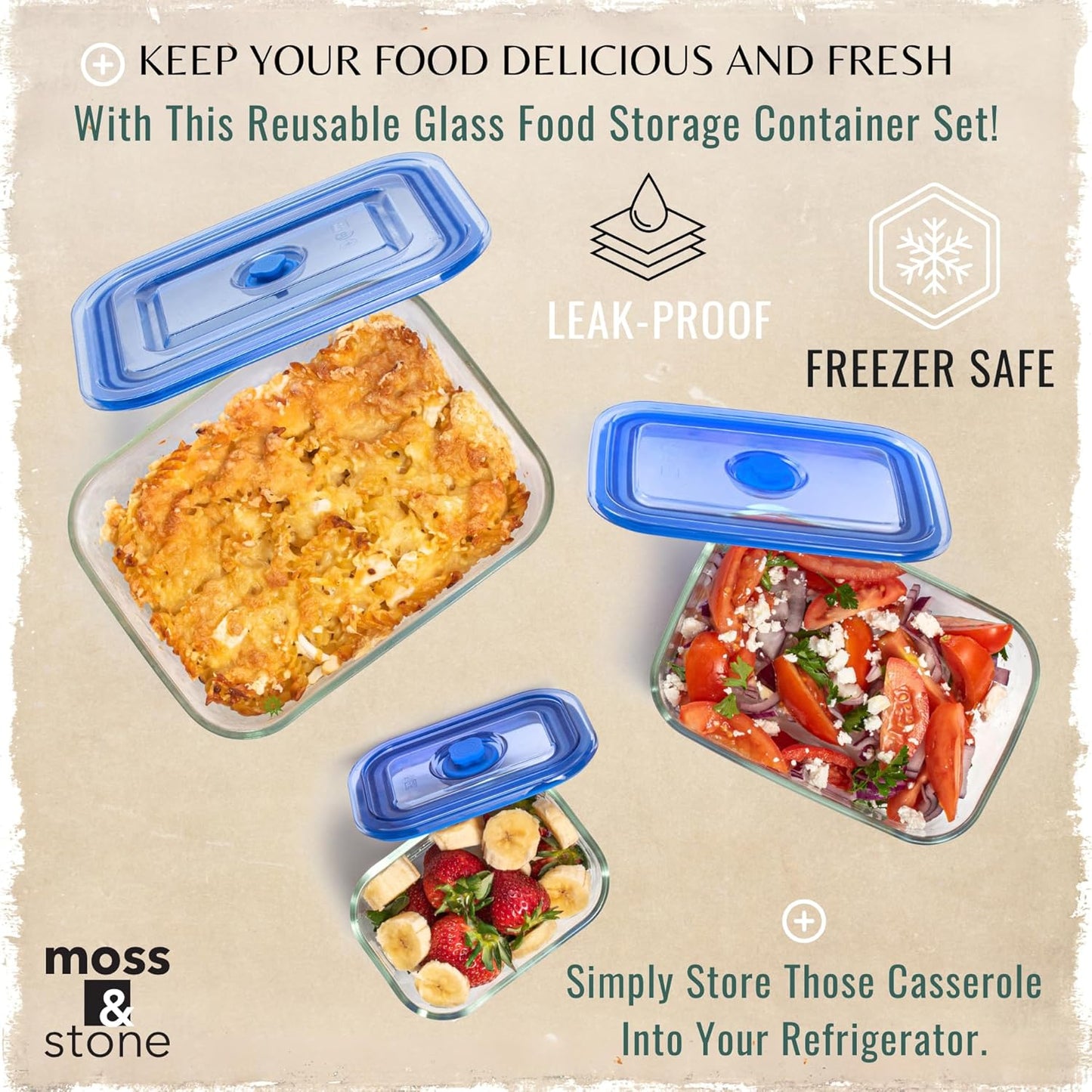 Moss & Stone Extra Large Glass Storage Containers With Lids Set of 3, 101 Oz/ 54 Oz/ 16 Oz, Deep Rectangular Glass Food Container with Lid, Leak Proof, Microwave, Dishwasher & Oven Safe
