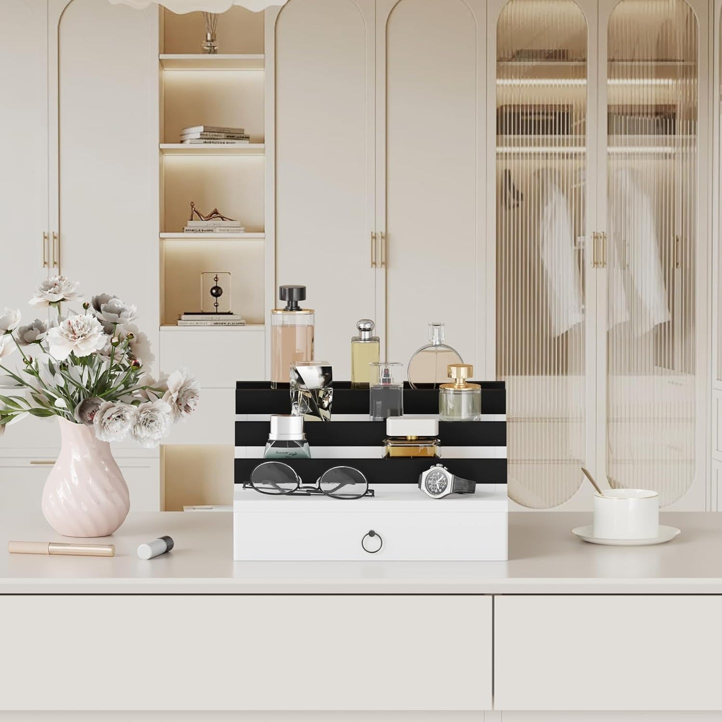 Blisse Cologne/Perfume Organizer, 4-Tier Storage Drawer with Hidden Compartments, Soft-Lined Display Case (White with Black)