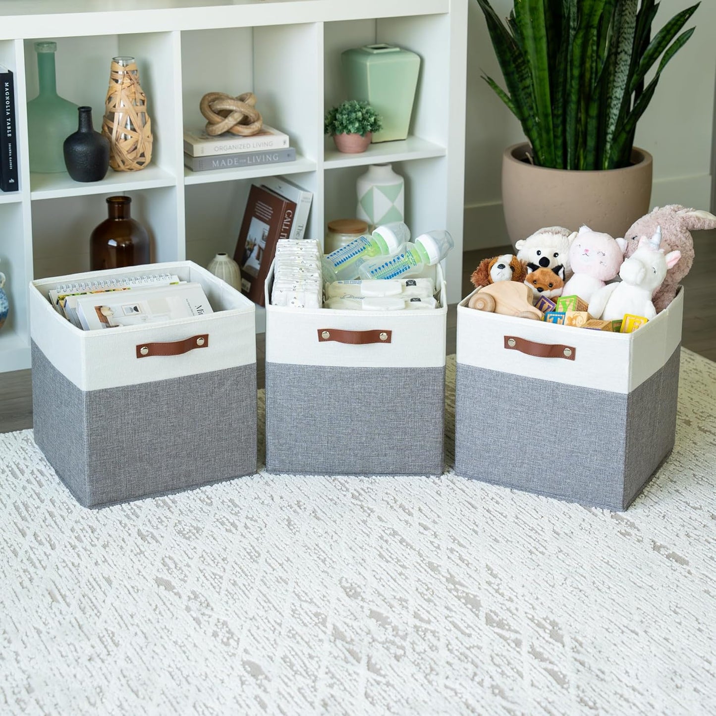 OrganiHaus 13" x 13" x 13" Cube Fabric Storage Bins Set of 4, Fabric Storage Cubes w/ Vegan Handles, 13 inch Collapsible Bins for Clothes & Toys Organizer, 13x13 Basket for Decor - Grey/White