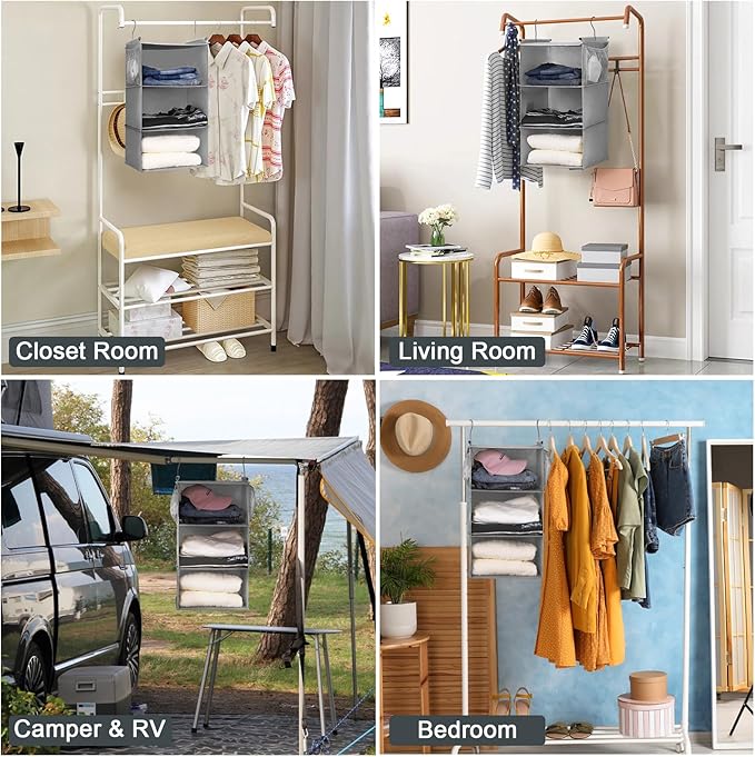 MAX Houser 3 Tier Shelf Hanging Closet Organizer, Space Saver,Closet Hanging Shelf with 2 Sturdy Hooks for Storage, Foldable (Grey)