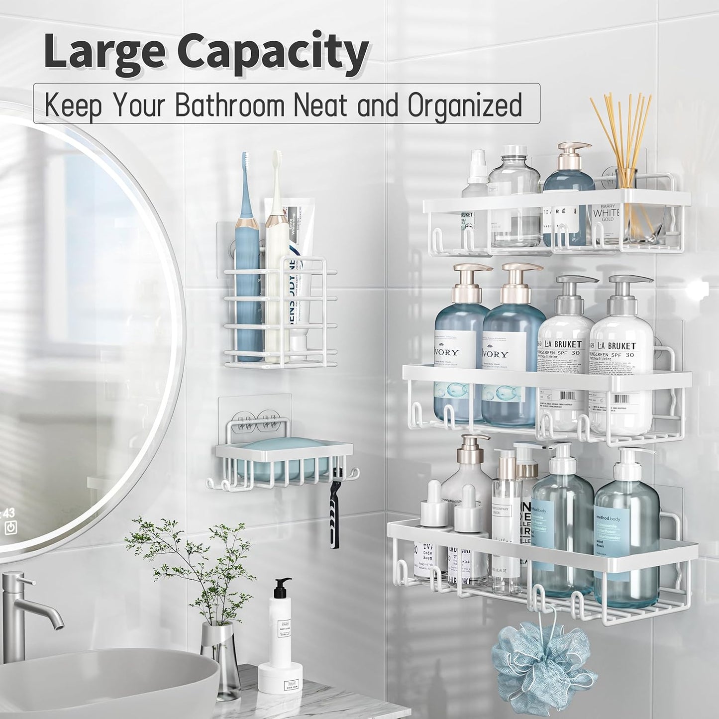 10 Pack Shower Caddy Organizer Rack Shelf for Inside Shower, Self Adhesive Wall Storage Basket Rustproof Stainless Steel Shampoo Holder Bathroom Accessory Decor Set, White