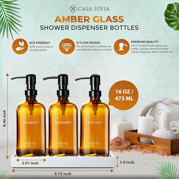 Amber Glass Shampoo and Conditioner Dispenser Set – Refillable 16 OZ Bottles with Pump, Concrete Tray Included – Modern Bathroom Organization