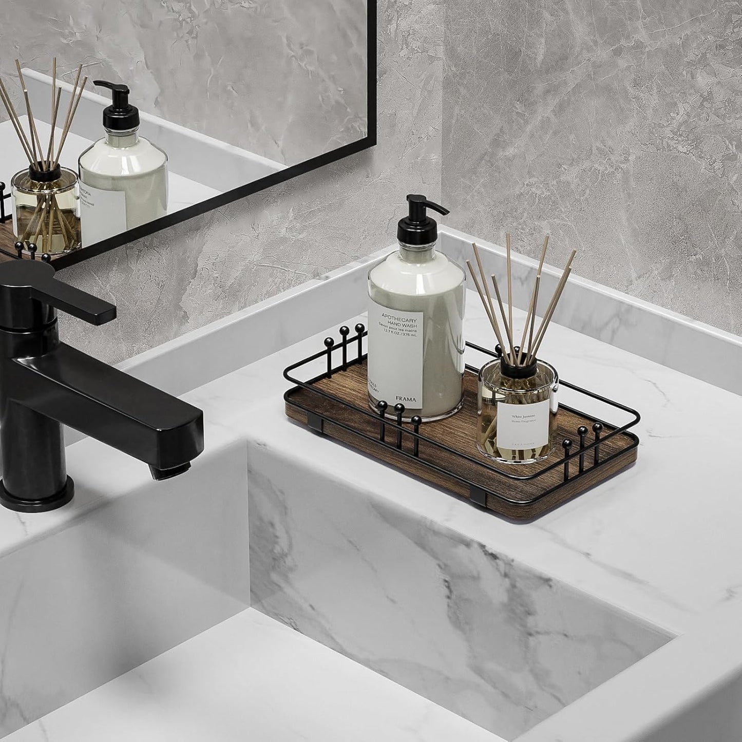 Bathroom Vanity Tray for Toiletries Makeup Perfume Candle Toilet Tank, Kitchen Tray for Soap Dispenser Spice Salt, Small Tray for Countertop Decor Coffee Nightstand 7.9”x4.4” Brown-Black