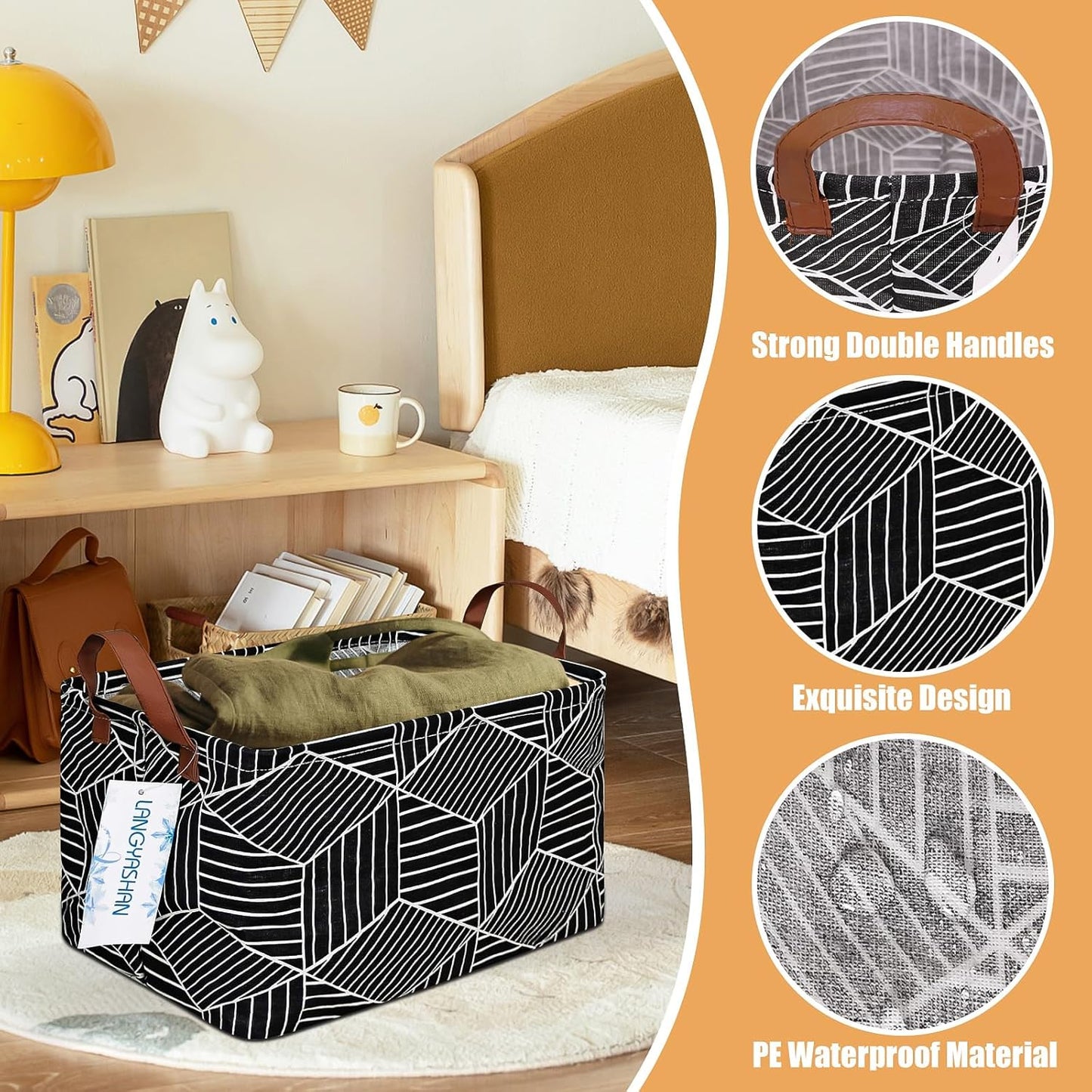 LANGYASHAN Rectangular Storage Bin Collapse Canvas Fabric Cartoon Storage Basket with Handles for Organizing Home Kitchen Boys and Girls Toys Office Closet Shelf Baskets (Black Diamond)