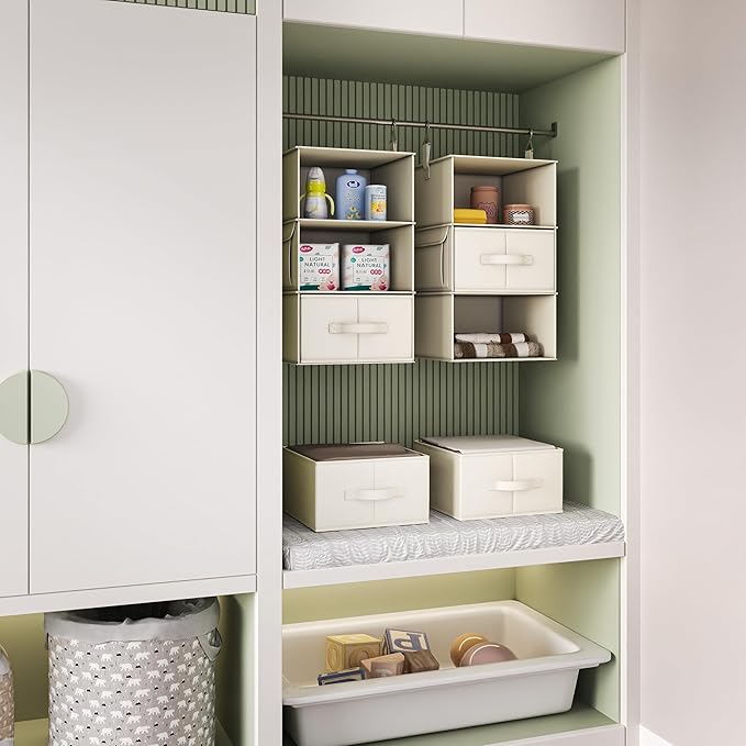 Vailando 3-Shelf Hanging Closet Organizer, Set of 2 Hanging Shelves with 2 Drawers for Wardrobe, Nursery, Baby Clothes Storage and Organization, Beige