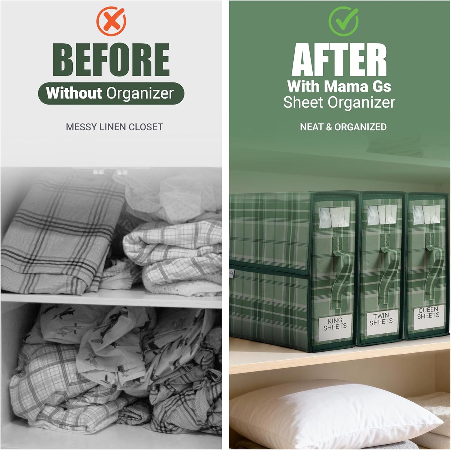 Bed Sheet Organizer Set of 4 – Plaid Sheet Storage 15"x12"x4" – Foldable Bedsheet Holders with Zipper, Window – Closet Organizer for Bedding Storage, Pillows, Duvets, Linen – Green