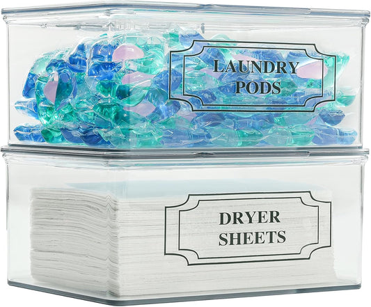 SSTATES Clear Acrylic Dryer Sheets Holder, Flip-top Laundry Pods Container with 2 Label Decals for Laundry Room Organization and Décor, Stackable Storage Box (2 Pack)