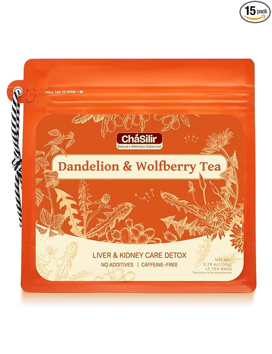 Organic Dandelion Root & Wolfberry Detox Tea Bags - Liver & Kidney Health Support, 15 Compostable Corn Fiber Bags (Caffeine-Free, Plastic-Free, Cleanse & Repair Formula)