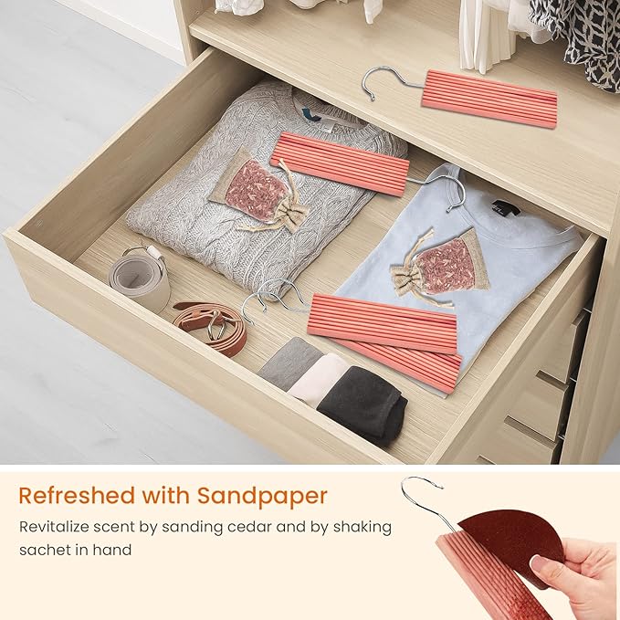 Homode Cedar Blocks for Clothes Storage, Cedar Sachets with Hanging Hooks, Set of 18, Aromatic Cedar Wood for Drawers and Closets, 10 Cedar Hangers and 8 Bags