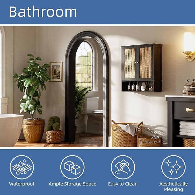 HITNET Wall Cabinet, Bamboo Medicine Cabinet with Rattan Doors and Adjustable Shelf, Bathroom Hanging Storage Organizer Over Toilet for Small Space (Black)