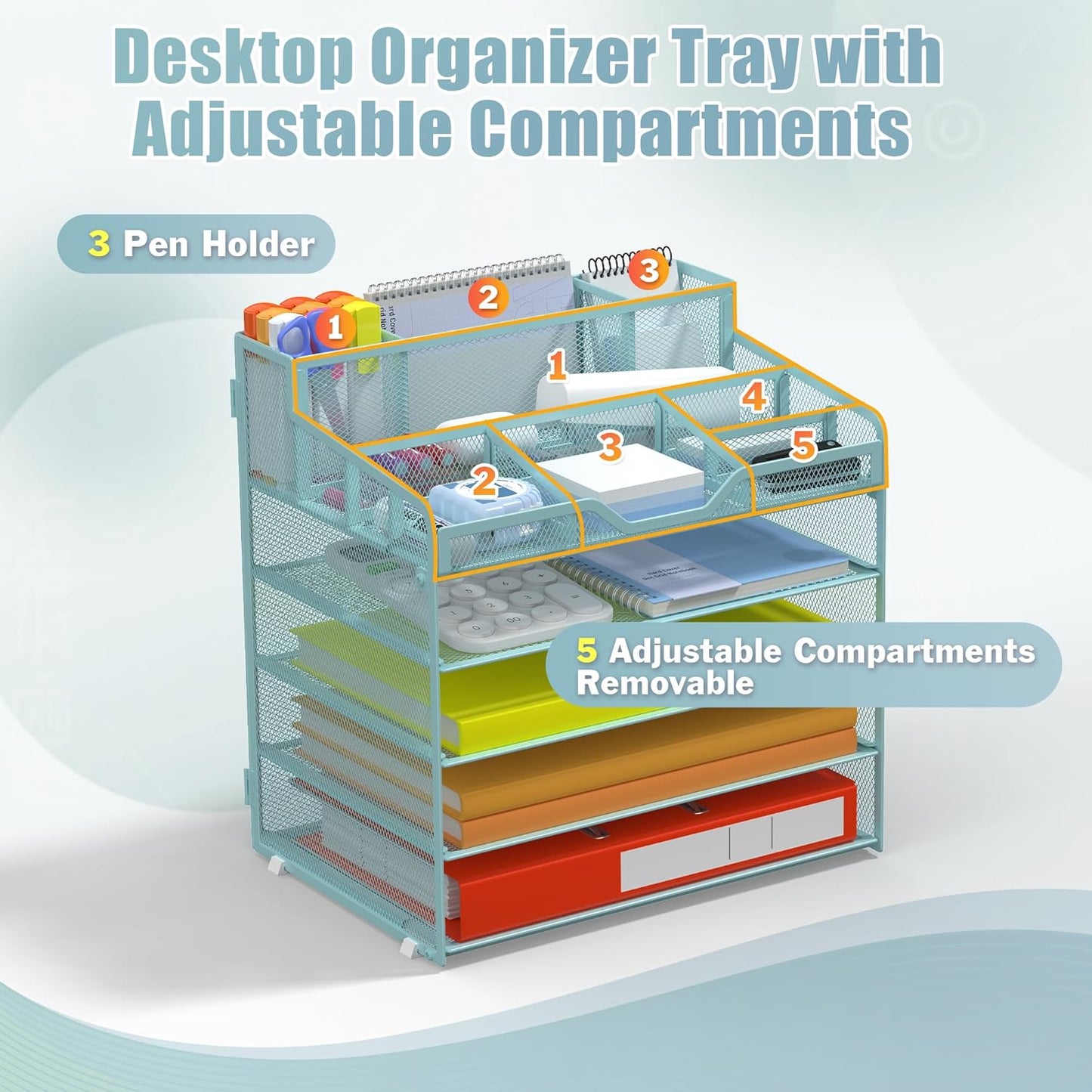 Docnest 5 Tier Mesh Desk Organizer for Paper Office Supplies – Multi-Functional Letter Tray with 5 Adjustable Compartments, 3 Pen Holders, Desktop Storage for Files, Mail, Stationery – Blue