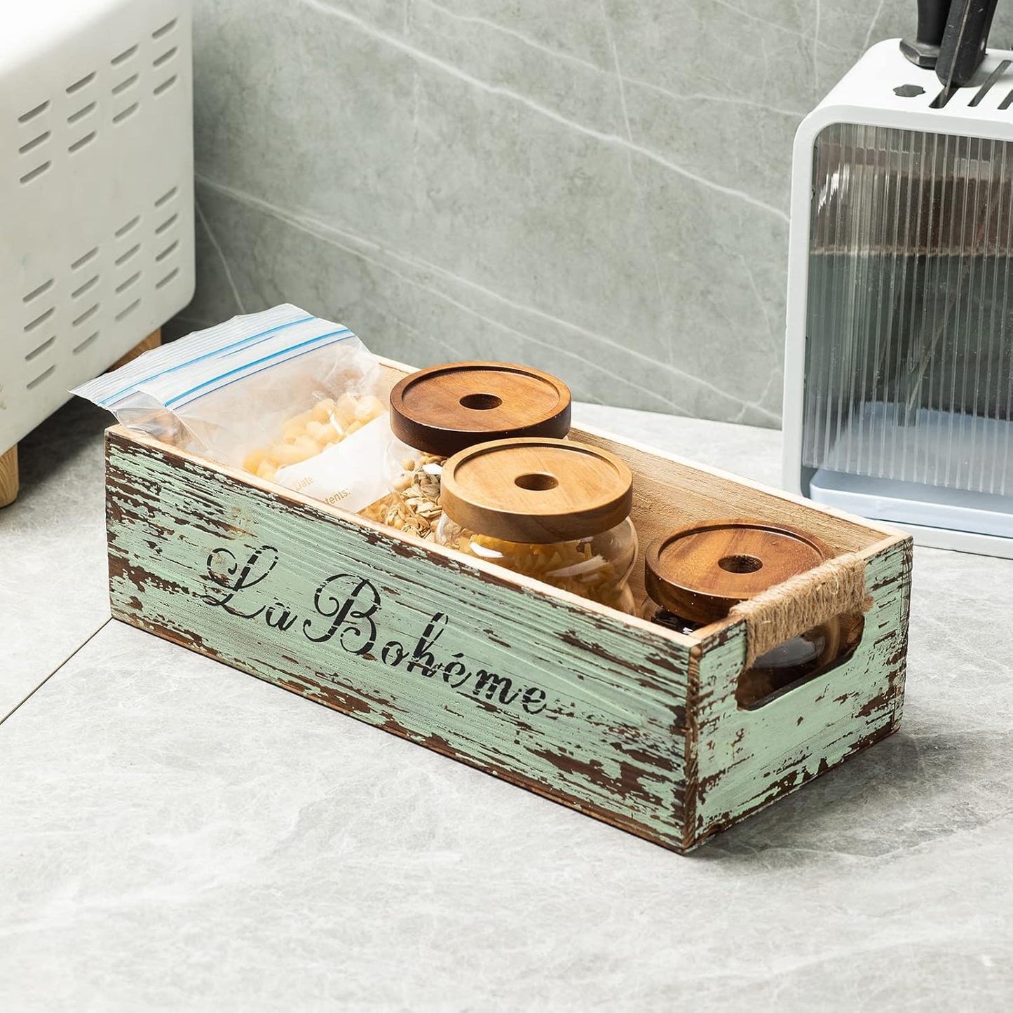 TIMRIS Farmhouse Distressed Wooden Storage Box, Rustic Bathroom Decor Box, Decorative Toilet Tank Basket Nice Butt, Vintage Countertop Organizer Box with Handles (Distressed Green)