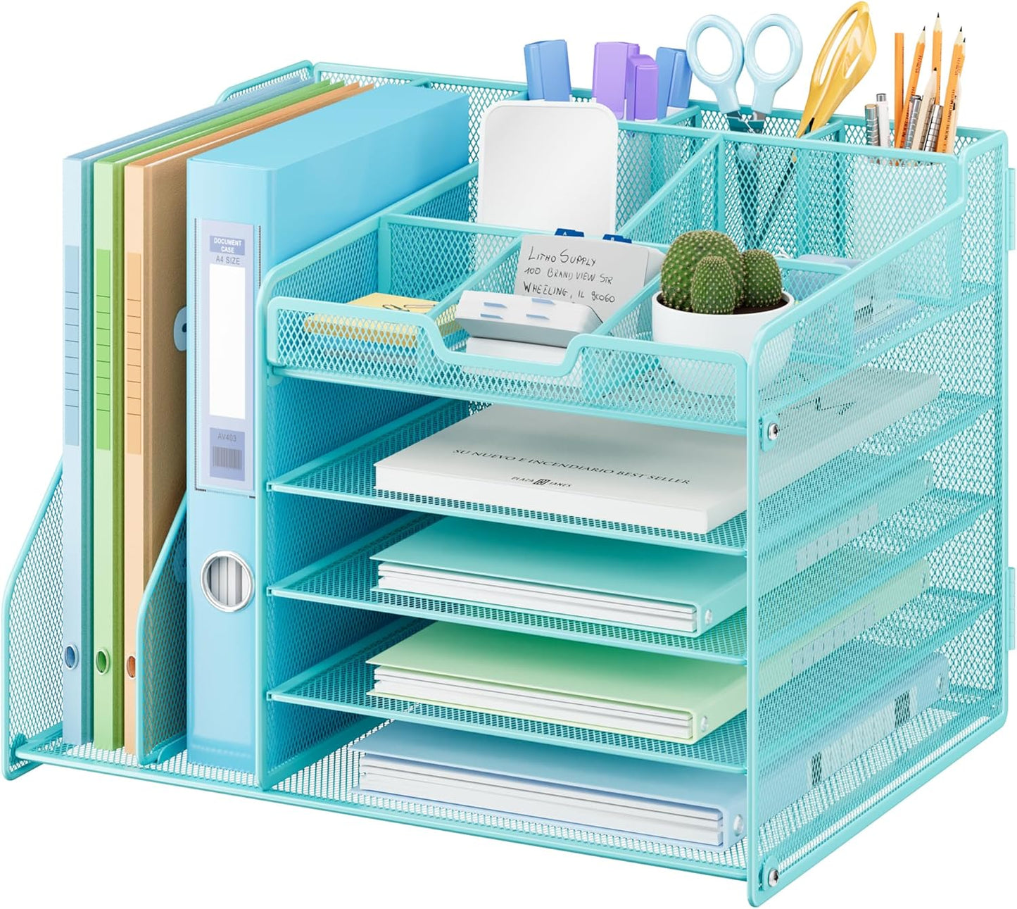 Lavatino 5-Tier Desk Organizer with 2 File Holders, Metal Adjustable Paper Letter Tray for Office or Home Desk Organizers and Accessories | 7 Flexible Dividers Keep Workspace Supplies Neat, Blue