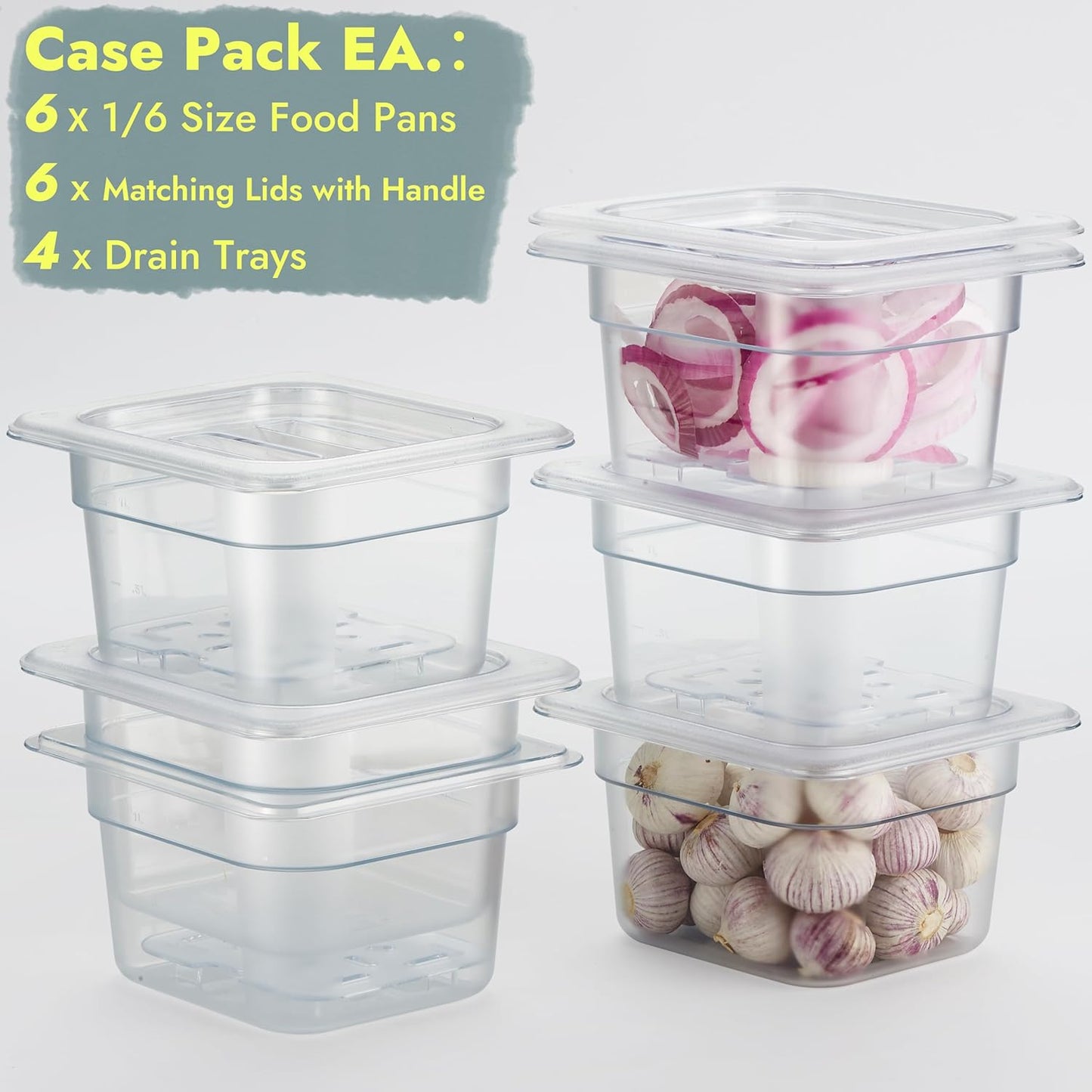 CURTA 6-Pack 1/6 Size 4" Deep NSF Polycarbonate Food Pans with Handled Lids & Drain Trays | Dishwasher & Freezer Safe Clear Container for Prep Tables, Buffet, Salad Bar, Commercial Kitchen
