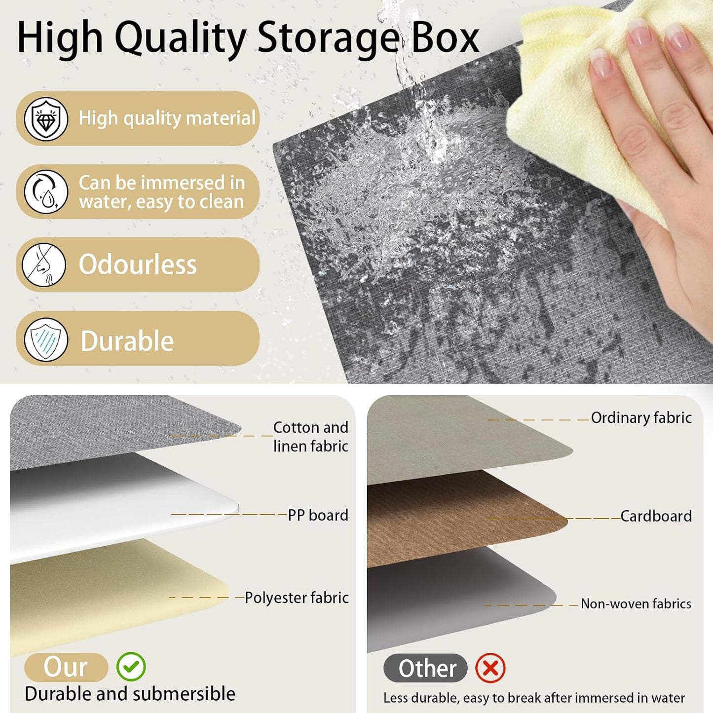 Yawinhe Storage Bins with Lids, Fabric Foldable Boxes, Washable and Leather Handle, Cube Organizer Basket for Home, Closet, White/Grey, 17.7''Lx11.8''Wx11.8''H, 3-Pack, USNK024WGX-3