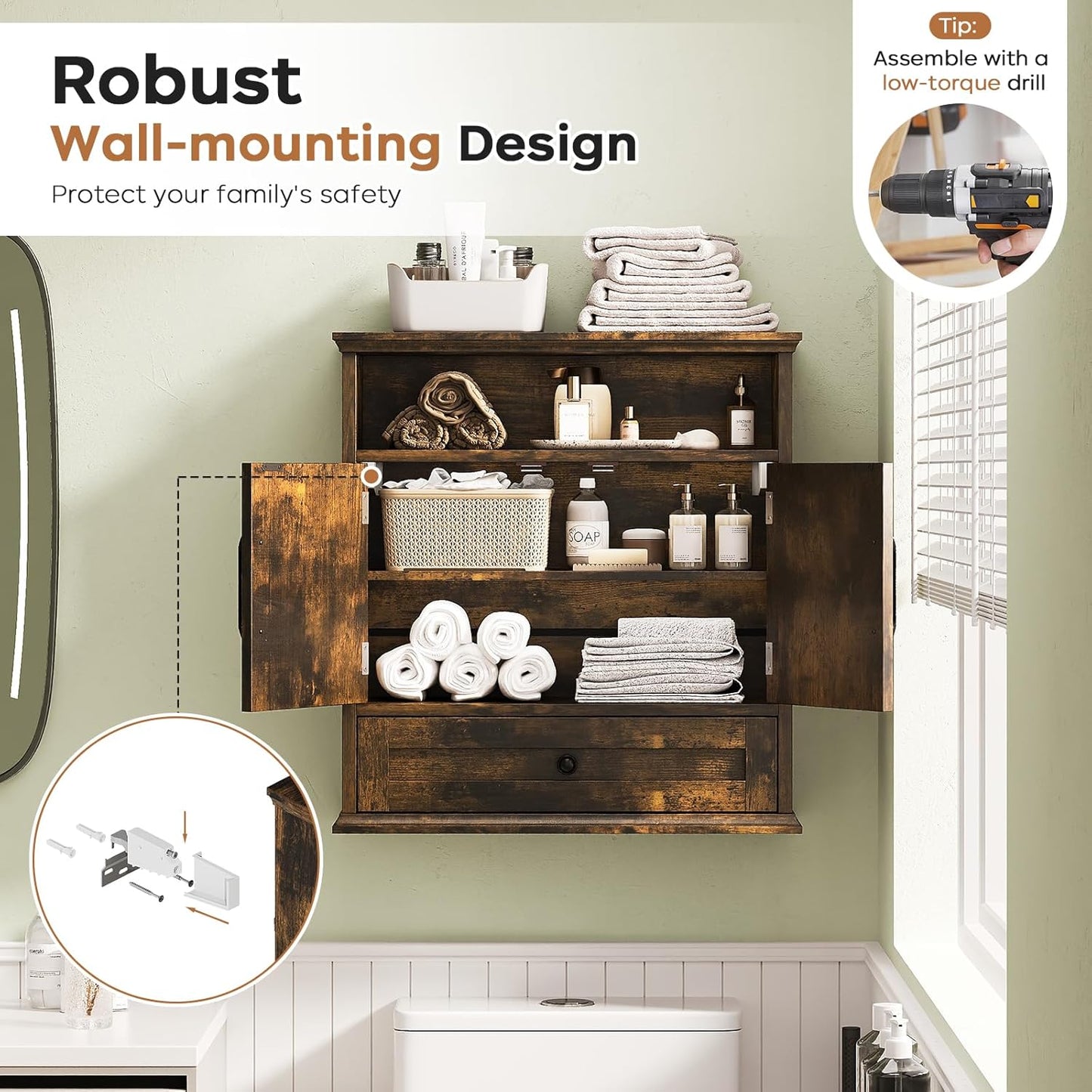 Bathroom Wall Cabinet, Wall Mounted Medicine Cabinet with Drawer, Barn Door & Adjustable Shelf, 24.4"H x 23.6"W x 9"D Rustic Brown Over Toilet Farmhouse Storage Cabinet for Kitchen, Laundry, Entryway