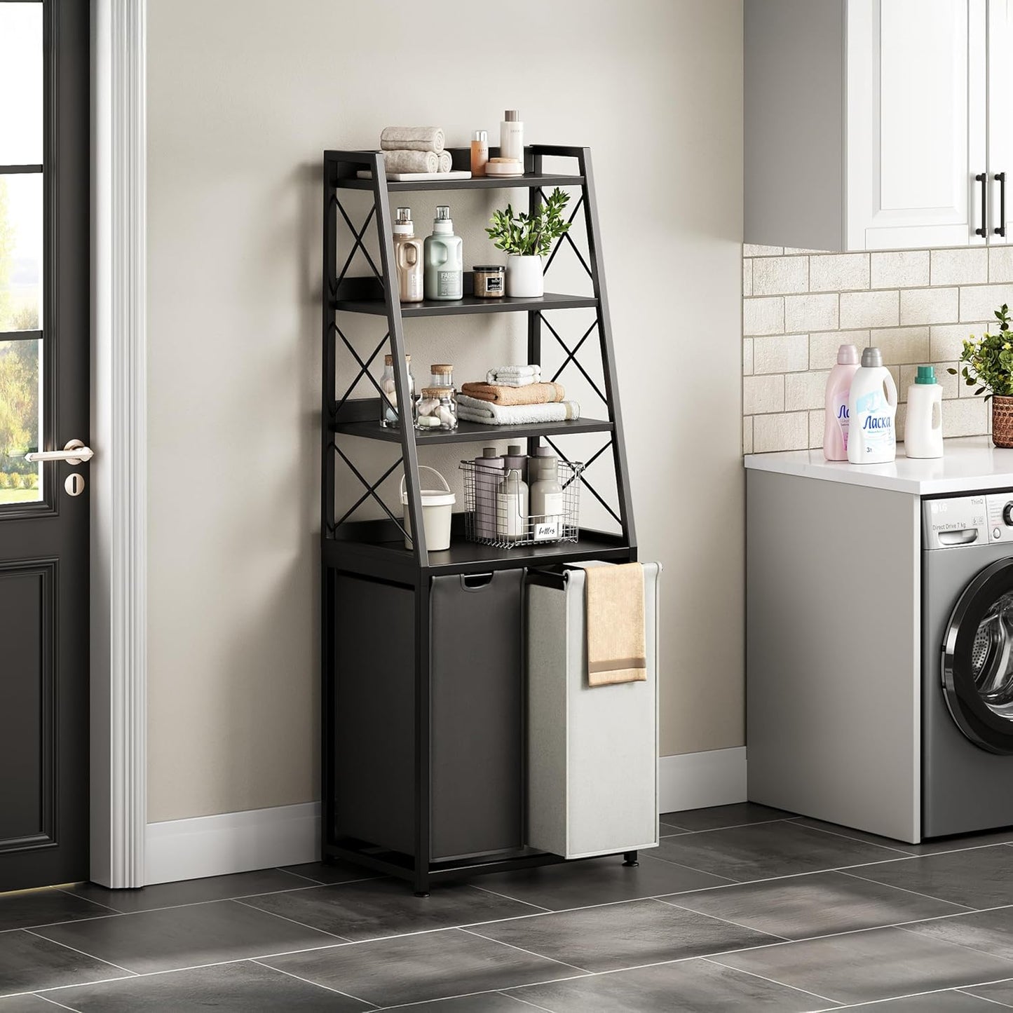 Laundry Basket, 2 Section Laundry Hamper with 4 Tiers Shelf, Pull-Out and Removable Laundry Bags, Large 2 x 15.87 Gallons, for Bedroom Bathroom Black PF11XLK