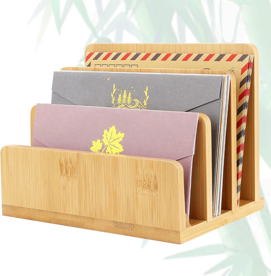 Desk File Mail Organizer Countertop Mail Sorters, Bamboo Desktop Mail Holder 3 Slots, Wood File Paper Holder for Letter Envelope Filing Cell Phone, Organizer Tray for Office & Home