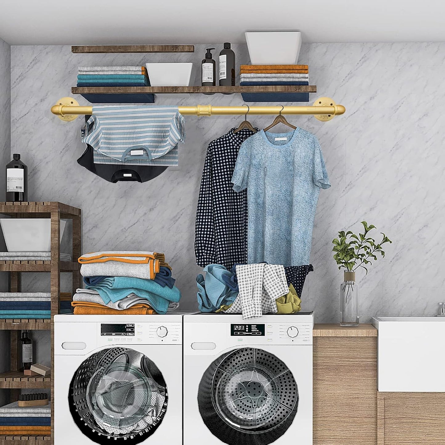 48” Gold Wall Mounted Clothes Rack, Industrial Pipe Iron Garment Bar, Heavy-Duty Detachable Clothing Rod, Multi-Purpose Metal Wall display Hanging Pole for Closet Storage, Laundry Room 2 Base