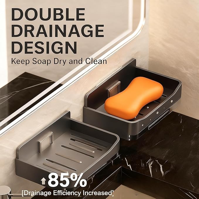 Bar Soap Dish,Self Draining Soap Holder for Shower,Wall Mounted Soap Saver with Strong Adhesive, No Drilling Clear Plastic Holder for Bathroom Storage & Kitchen Sink Organizer,Keeps Soap Dry