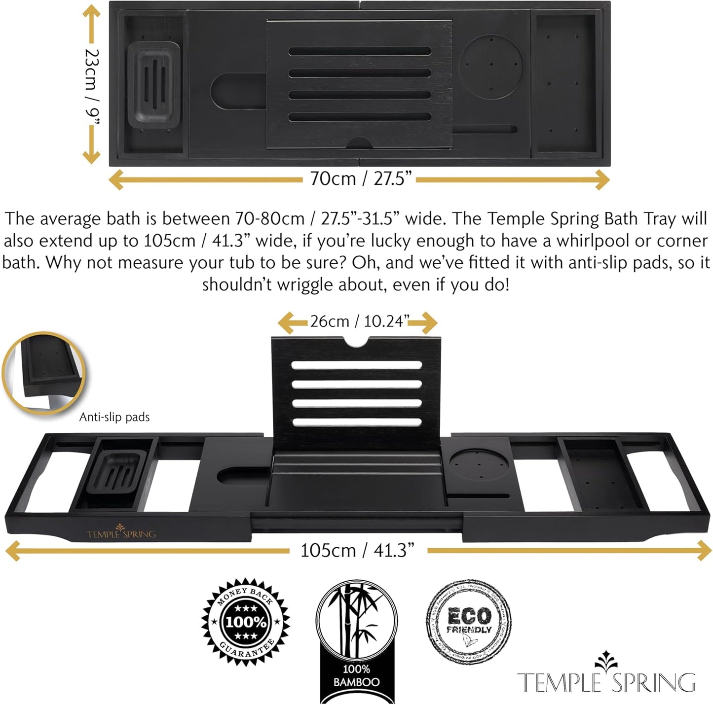 Temple Spring Wooden Bathtub Tray, Bamboo Bathroom Accessories, Bath Tray for Tub, at Home Spa Essentials, Board for Tub Table, Bath Caddy for Bathtub Accessories & Bathroom Essentials – Black