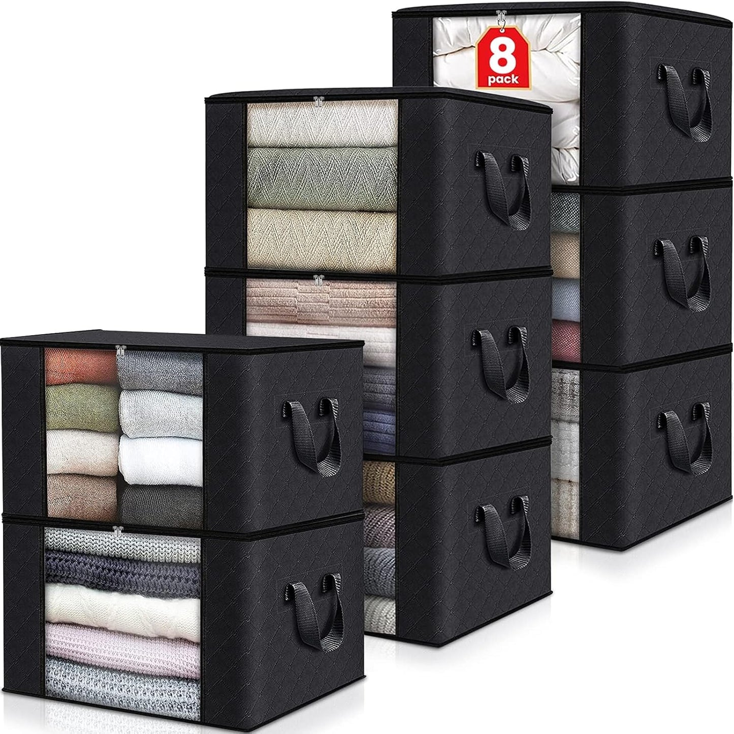 Fab totes Storage Bags,Clothes Blanket Storage Bins Foldable Closet Organizers with Reinforced Handle for Home Dorm Storage and Organization,Fabric Bags for Organizing Sheets,Clothing (Black,8 Pack)