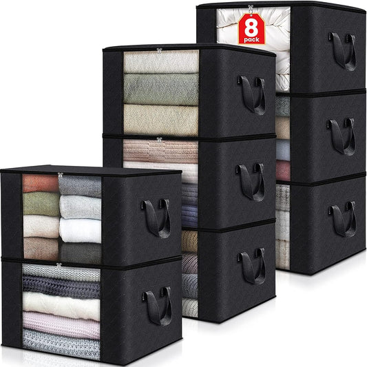 Fab totes Storage Bags,Clothes Blanket Storage Bins Foldable Closet Organizers with Reinforced Handle for Home Dorm Storage and Organization,Fabric Bags for Organizing Sheets,Clothing (Black,8 Pack)