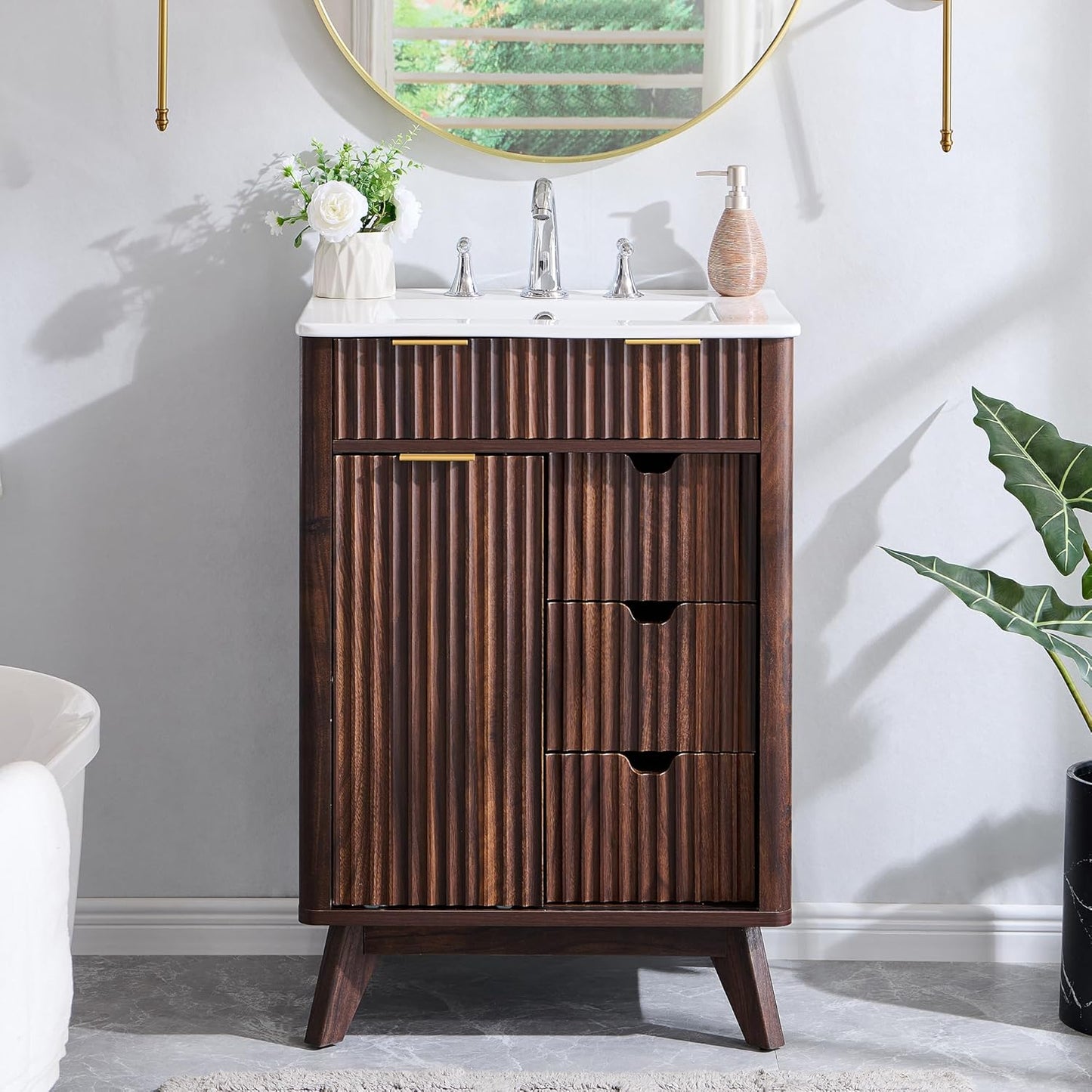 T4TREAM 24" Fluted Bathroom Vanity with Ceramic Sink Combo，Freestanding Small Modern Bathroom Storage Vanity Cabinet with Sliding Door & 3 Drawer，Wood Grain Texture，Metal Handle，Dark Walnut