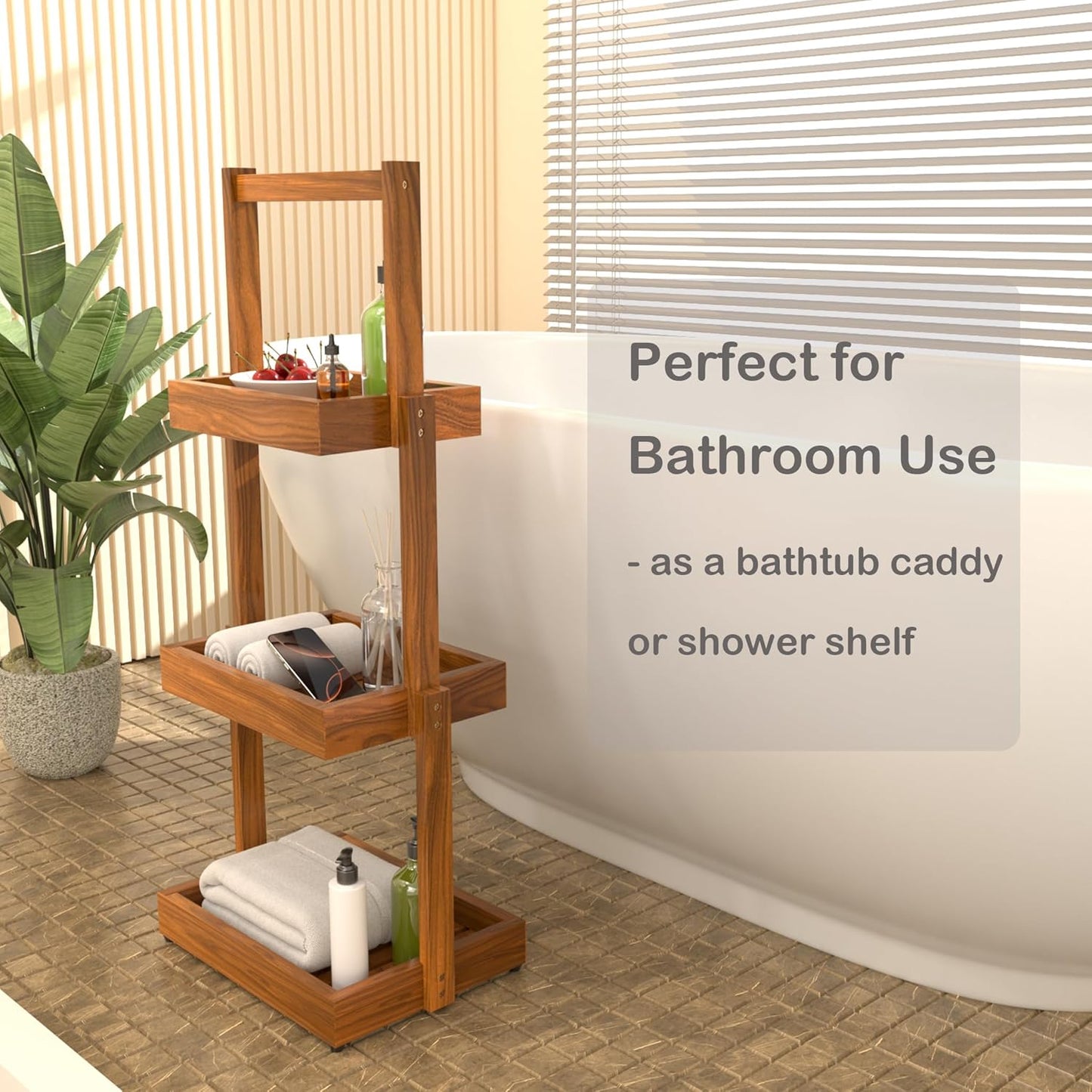 Teak Shower Shelf Bathroom Organizer - 3 Tier Multipurpose Shower Caddy with Non-Slip Base, Rustproof Durable Standing Towel Rack Toilet Paper Roll Holder for Bathroom Livingroom
