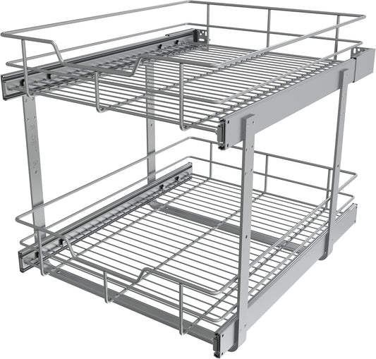 2 Tier Pull Out Cabinet Organizer 18" W X 22" D, Slide Out Drawers For Kitchen Cabinets, Pull Out Drawers For Cabinets Capacity Heavy Duty Caddy, Cabinet Pullout Shelves Chrome-Plated,Bathroom Pantry
