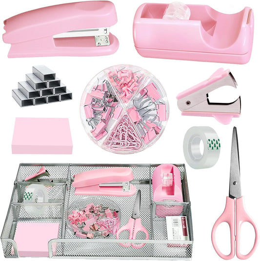 Pink Office Desk Accessories, Pink Office Supplies Set, Desk Drawer Organizer,Stapler and Tape Dispenser Set,Tape,Staple Remover, Staples, Paper Clips, Scissor and Sticky Note