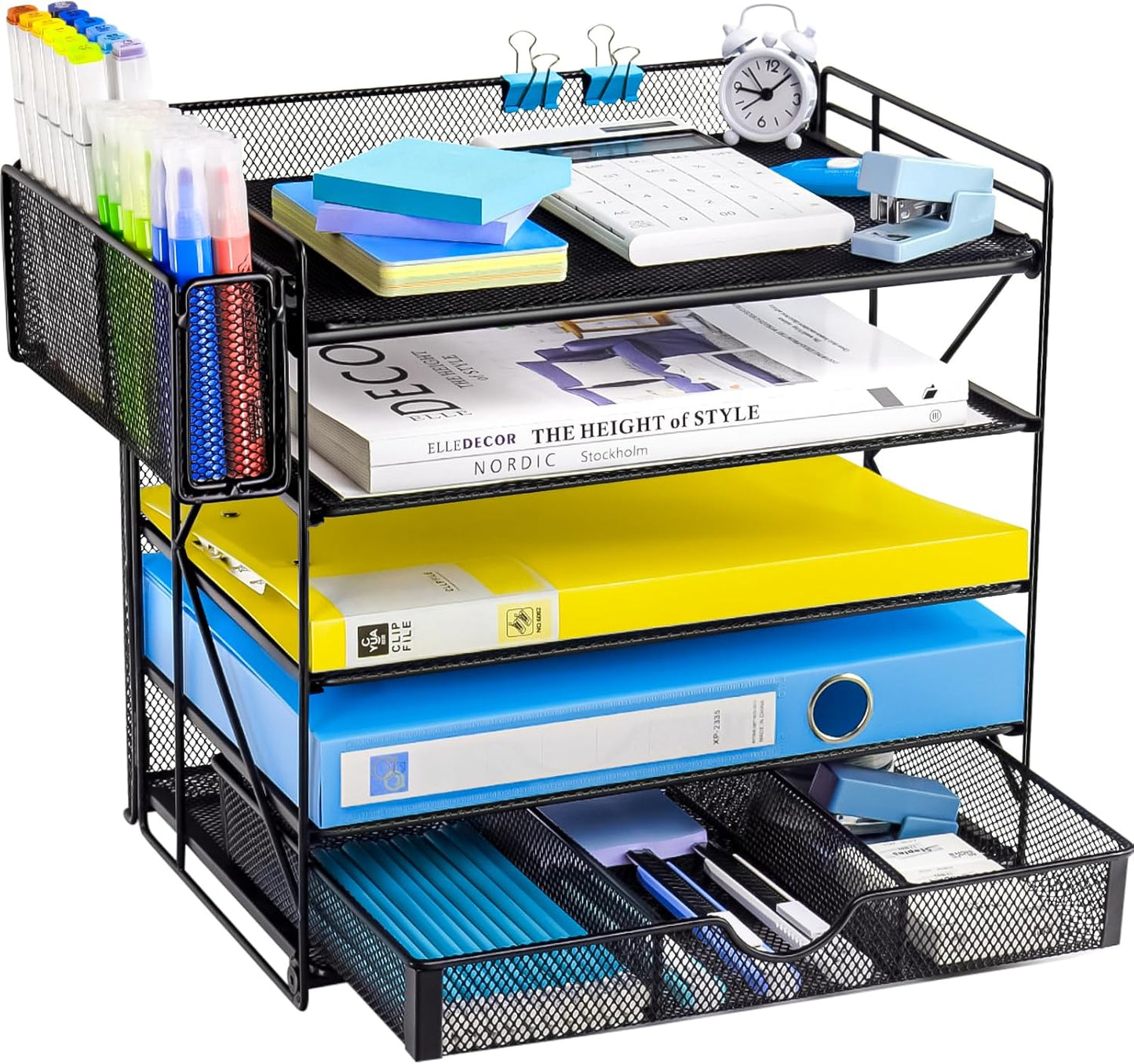 Desk Organizer with Mesh File Holder, Paper Letter Tray with 5 Tier Racks Shelves, 1 Sliding Drawer and Extra Pen Holder for Office Supplies (KPD Black)
