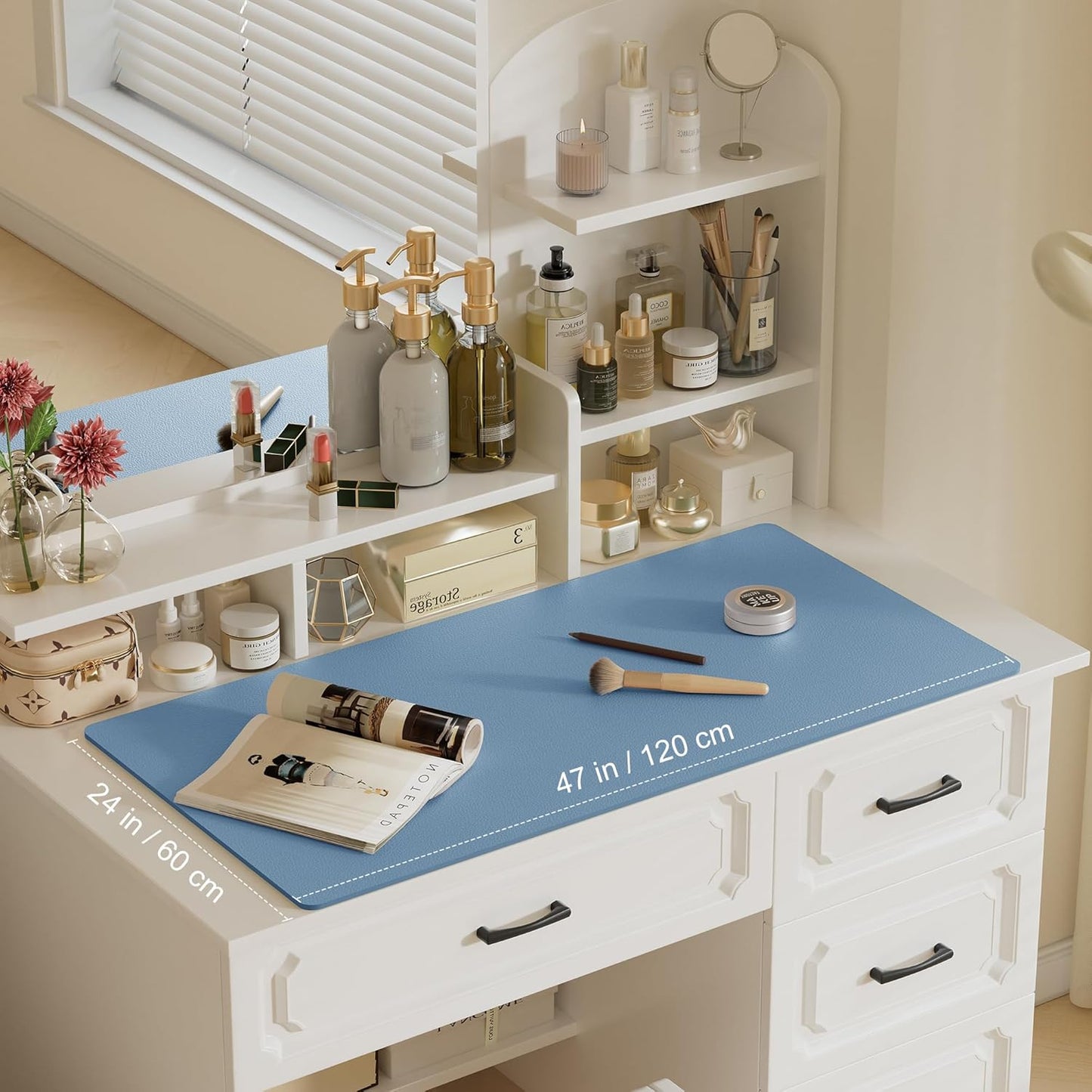 Aothia Leather Desk Pad Protector, Office Desk Mat, Large Mouse Pad, Laptop Desk Pad, Non-Slip PU Leather Desk Blotter, Waterproof Desk Writing Pad for Office and Home (Denim Blue, 47" x 24")