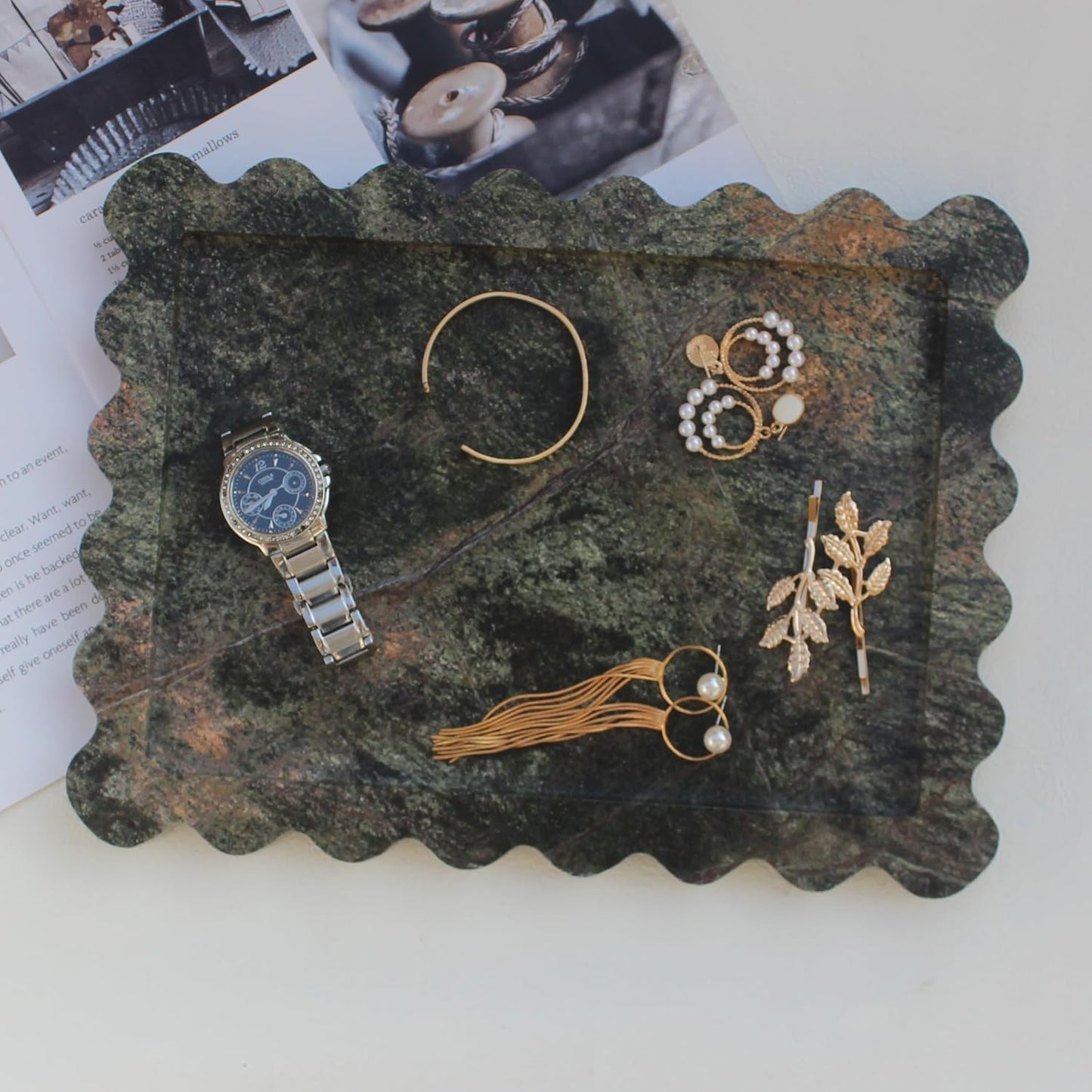 Natural Luxury Scalloped Marble Tray 10.8"x8", Rectangle Vanity Tray for Bathroom Kitchen Counter, Decorative Tray for Dresser Home Decor - Rainforest Green