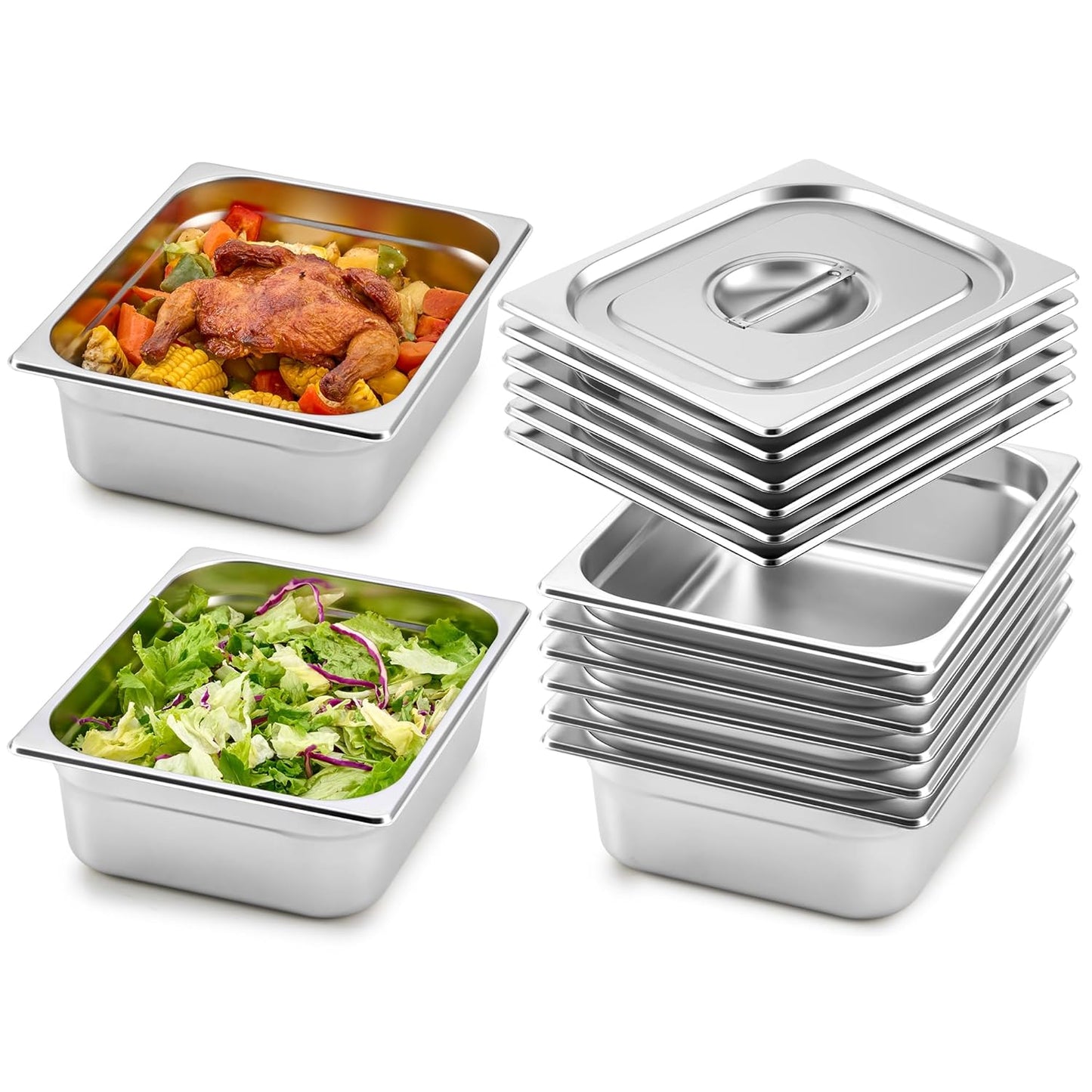 WILPREP 6 Pack Hotel Pans NSF Listed, 1/2 Size 4 in Deep Steam Table Pans with Lids, Food Grade Stainless Steel Hotel, 7.4 qt Catering Food Storage for Buffets Events Restaurants