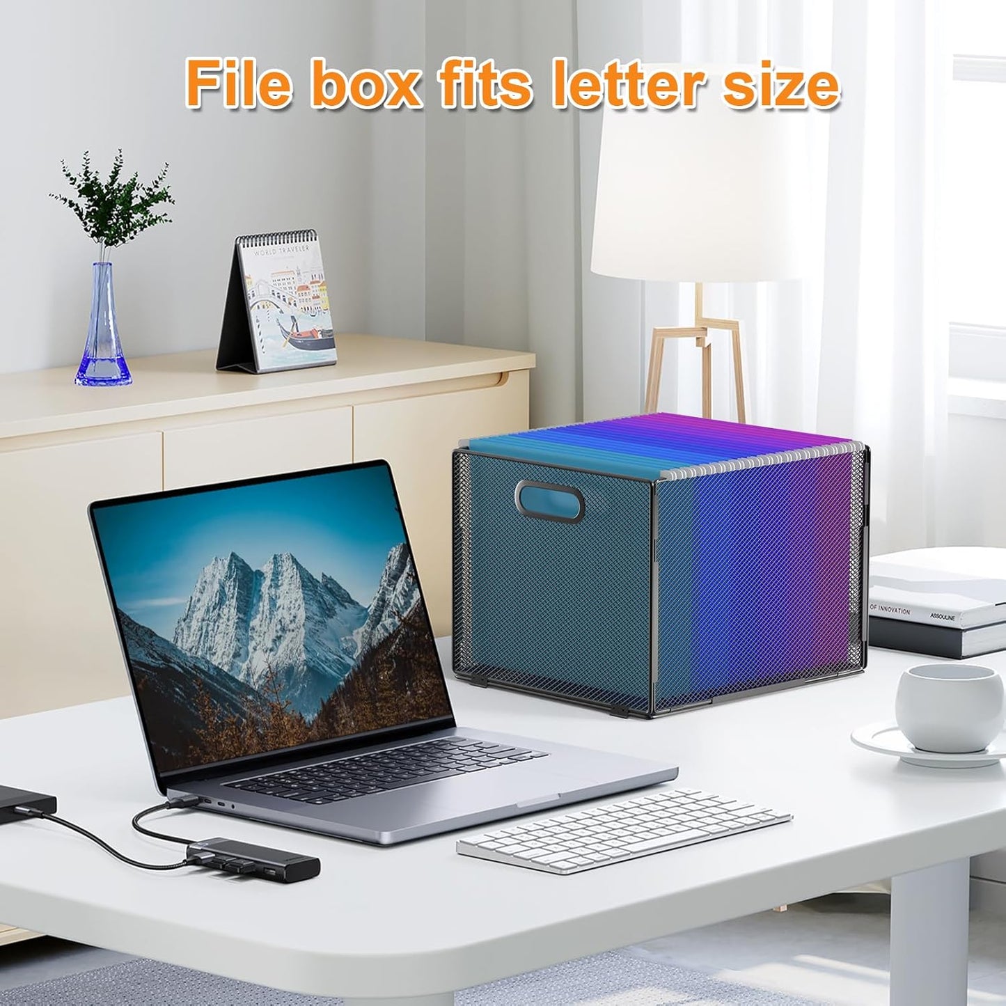 Hanging File Organizer, File Box Organizer with Handle, Metal Mesh Hanging File Folder Box, Letter Size Filing Crate Bin Holder for Home Office Desk(2 Pack)