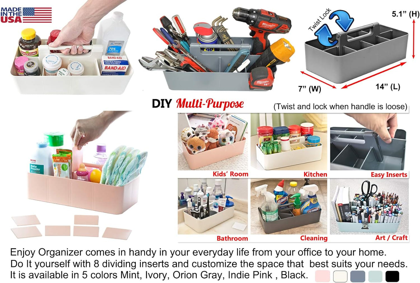 New Plastic Portable Makeup Organizer Caddy Tote Divided Basket Bin with Handle, for Bathroom Storage Made In USA (Indie Pink)