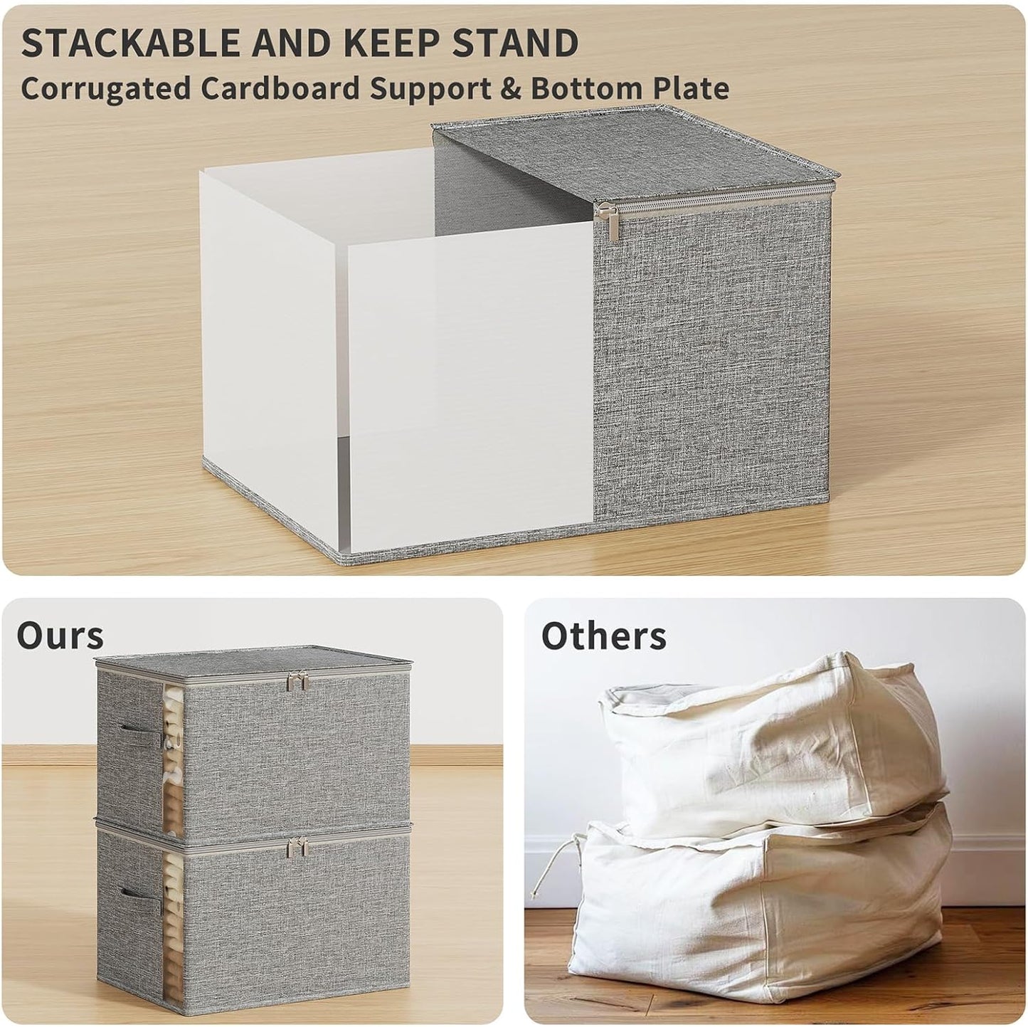 Large Clothes Storage Bins with Sturdy Frame, Foldable Clothing Organizer Box, Sweater Storage Cube with Lids and Zipper, Fabric Bedding Storage Bags for Blankets, Seasonal Clothes, Comforter