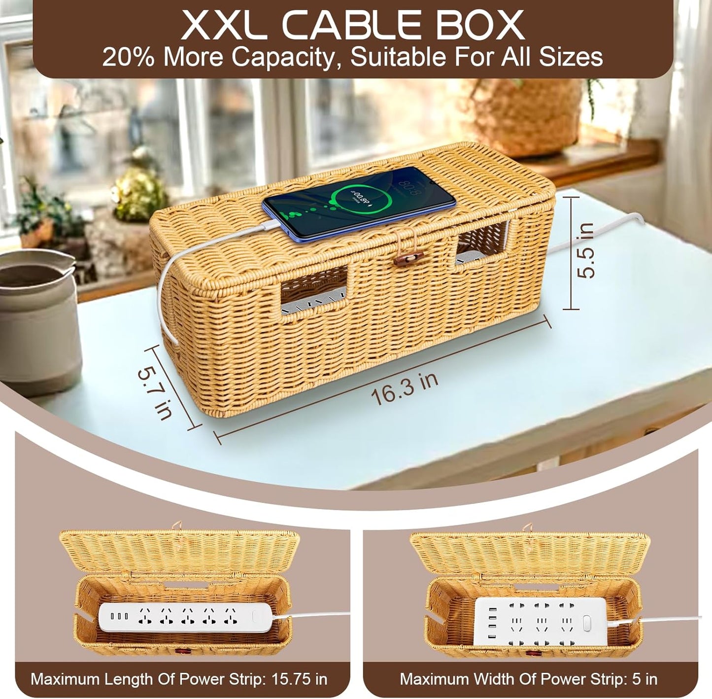 Longer Cable Management Box, 16In Handwoven Cord Management Box with 5 Slots, Floor Cord Hider Boxes for Power Strip and Wire, Cable Organizer Boxes with Lid for Desk, Floor, Office, Living Room