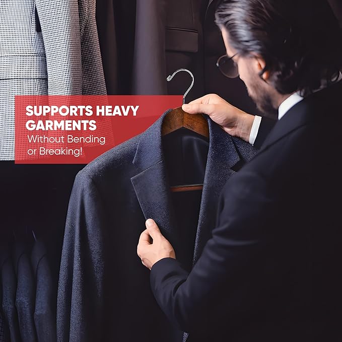 Suit Hangers for Men 6 Pack Wide Shoulder Hanger Smooth Finish Wooden Suit Hanger for Men and Women Coat Hangers 360° Swivel for Dress Jacket Non Slip Pant bar with Locking bar