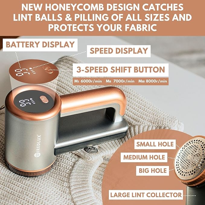 Rechargeable Fabric Shaver - Electric Lint Remover for Clothes & Couch - Adjustable 3-Speed, 6-Leaf Blade, LED Display, USB Charging - Depiller with Dual Protection