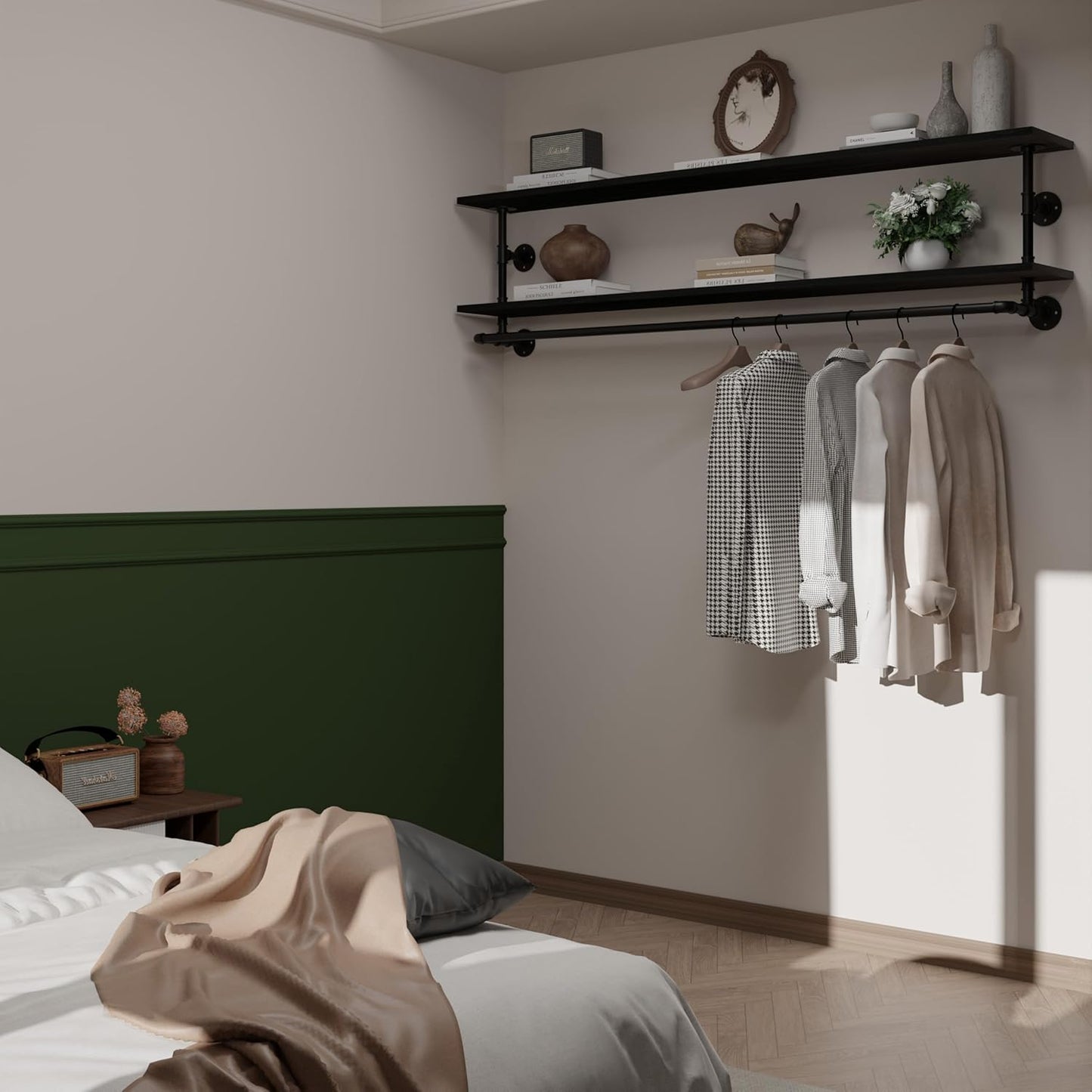 Black Clothes Rack 70in, 2-Tier Wall Mounted Garment Rack with Real Wood Shelf, Heavy Duty Hanging Clothes Rack, Multi-Purpose Hanging Rod, Space-Saving Closet Storage