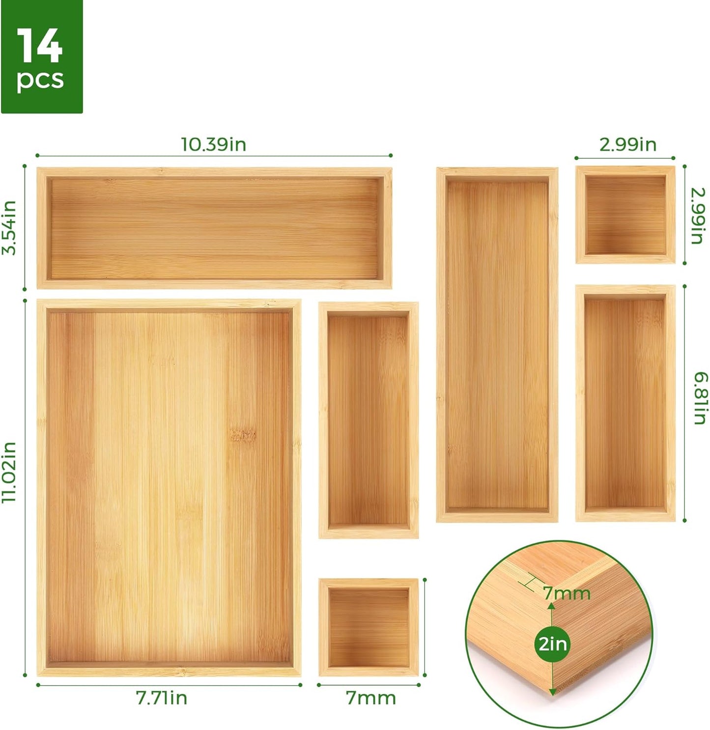 Bamboo Drawer Organizer Set, 14 PCS Multi-Use Individual Wood Storage Organizers, Junk Drawer Divider and Storage Trays Containers for Kitchen, Bathroom, Office Desk, Makeup, Jewelry, Utensils