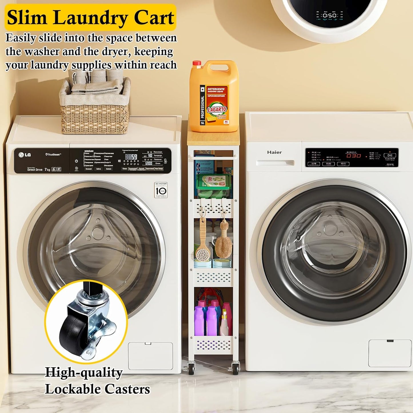 Utility Slim Storage Cart, 4 Tier Small Rolling Kitchen Laundry Room Cart with Wood Top, Metal Narrow Bathroom Storage Cabinet Mobile Shelf Unit Organizer Trolley with Handle for Narrow Space