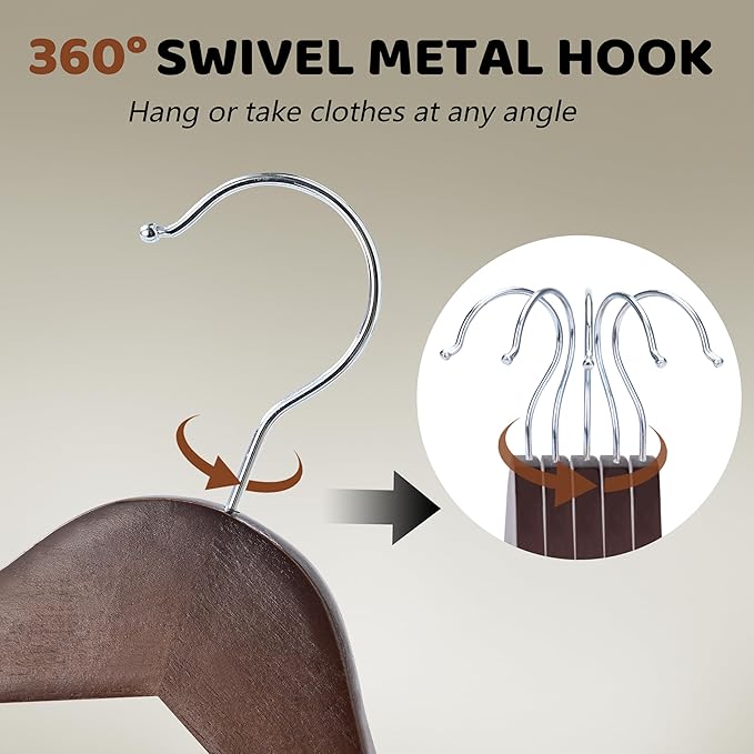 Wooden Hangers, 30 Pack Wood Hangers with 360-Degree Rotatable Hook and Pants Bar, Smooth Finish Coat Hanger Wooden for Closet, Walnut